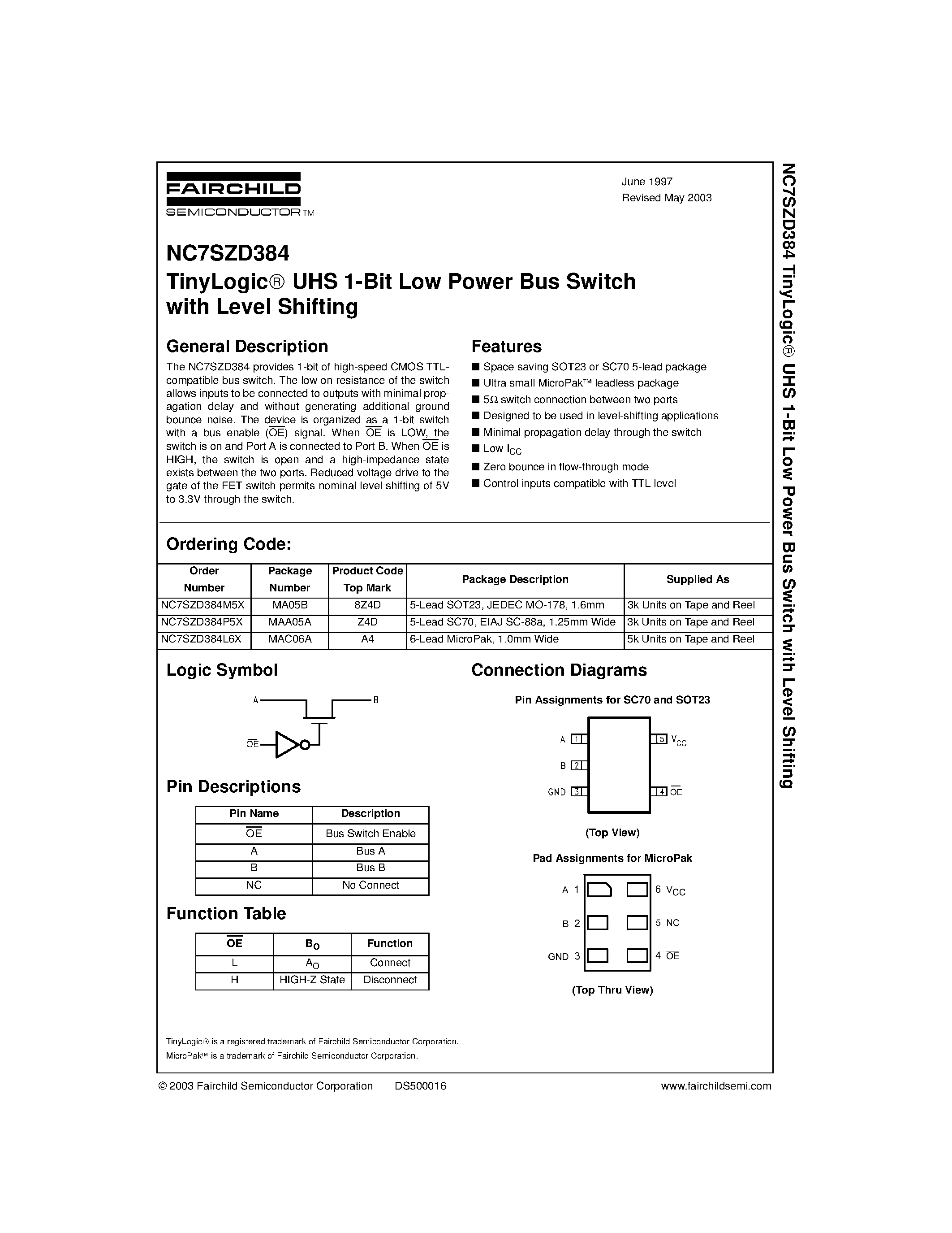 Datasheet NC7SZD384 - TinyLogic UHS 1-Bit Low Power Bus Switch page 1