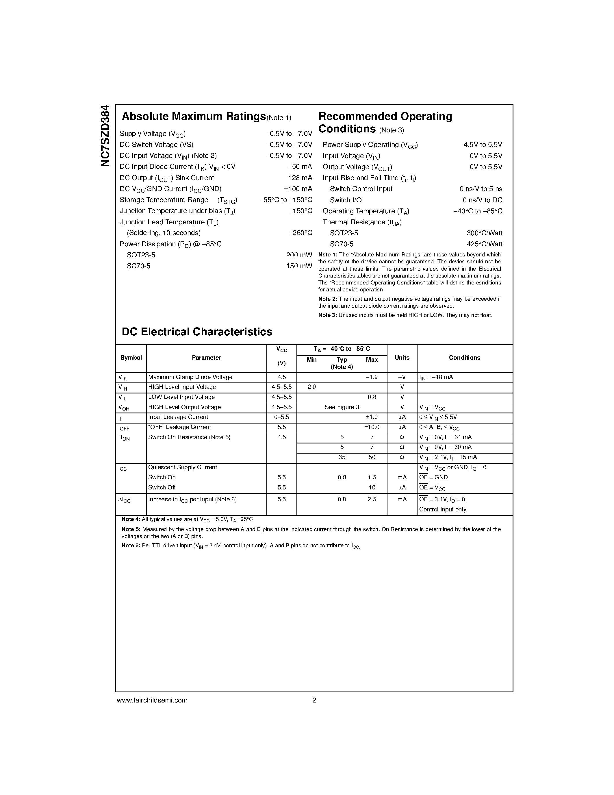 Datasheet NC7SZD384L6X - TinyLogic UHS 1-Bit Low Power Bus Switch page 2