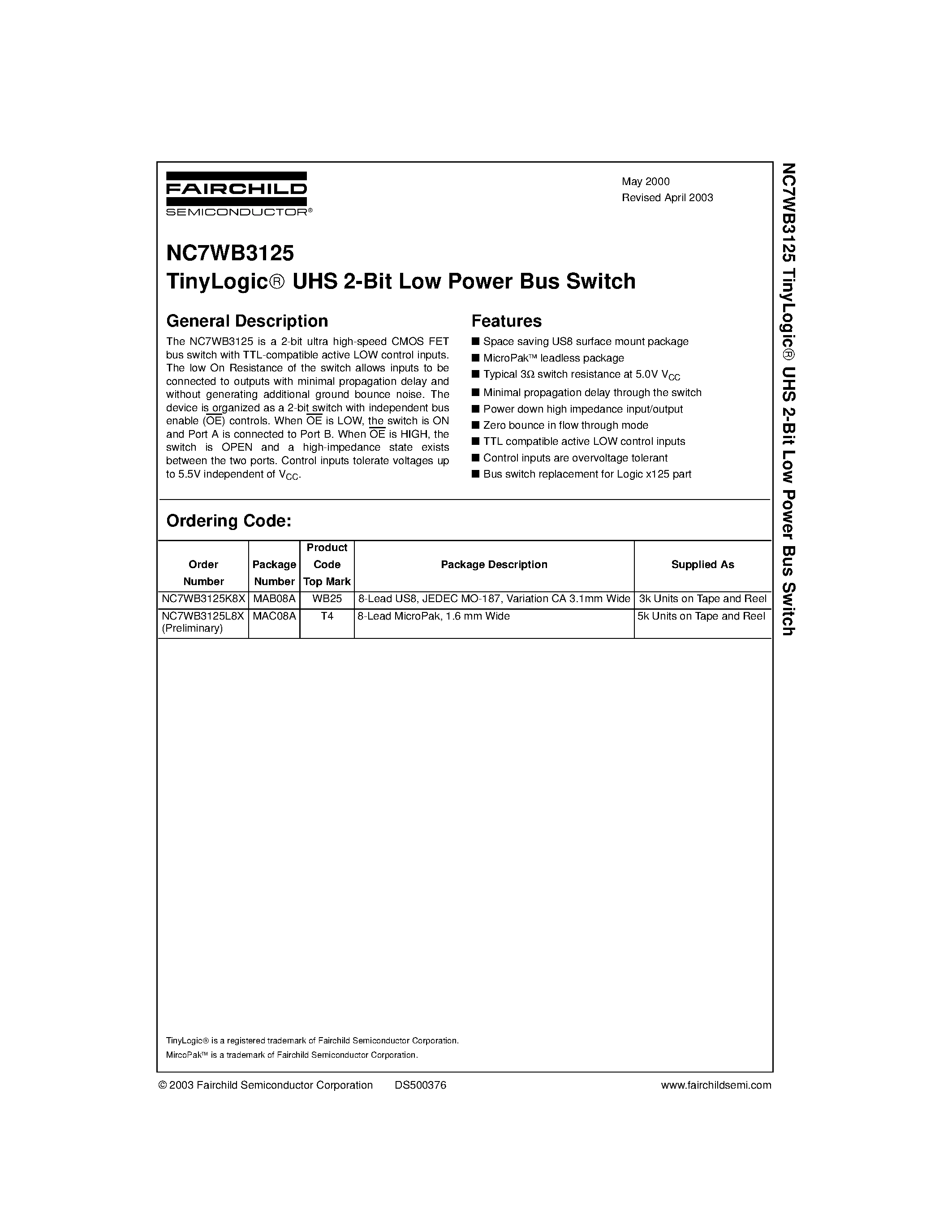 Datasheet NC7WB3125 - TinyLogic UHS 2-Bit Low Power Bus Switch page 1
