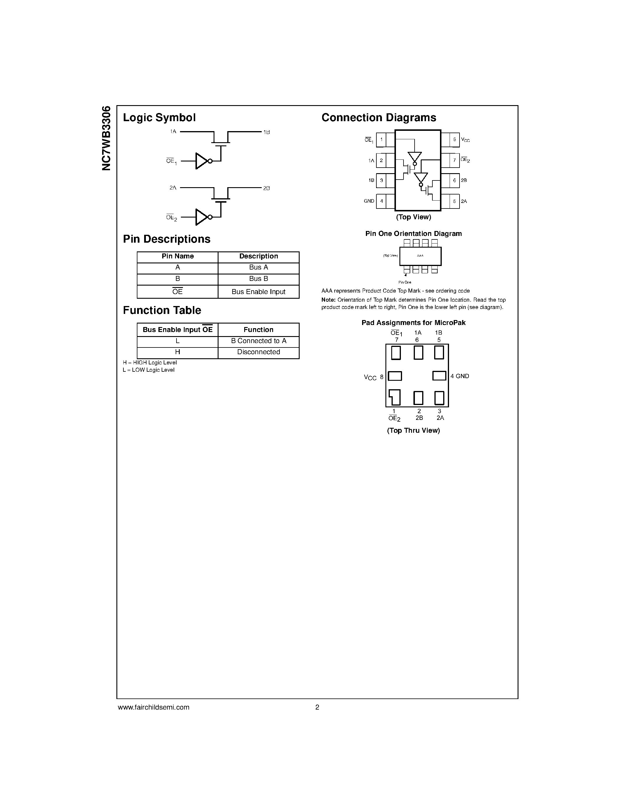 Datasheet NC7WB3306K8X - TinyLogic UHS 2-Bit Low Power Bus Switch page 2