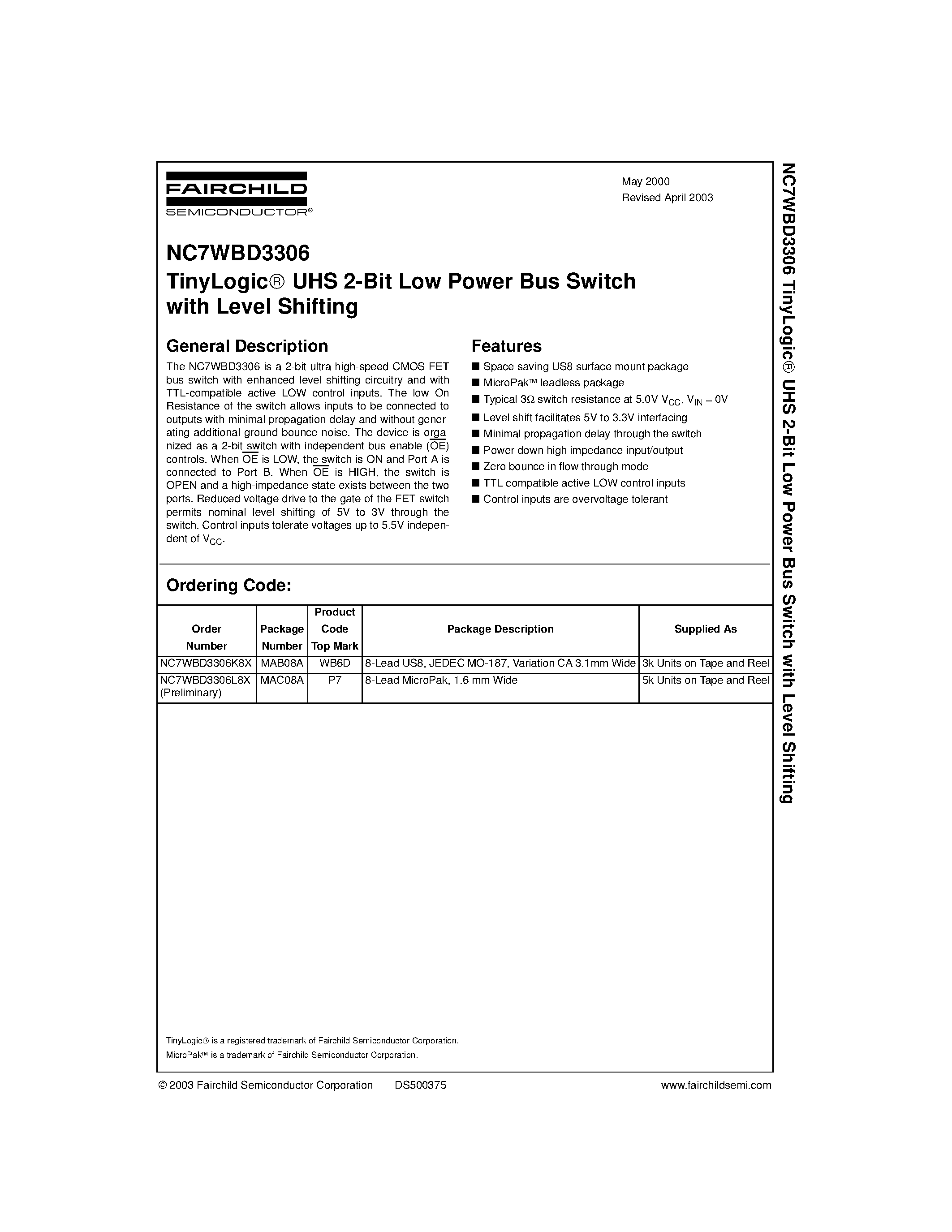 Datasheet NC7WBD3306 - TinyLogic. UHS 2-Bit Low Power Bus Switch with Level Shifting page 1