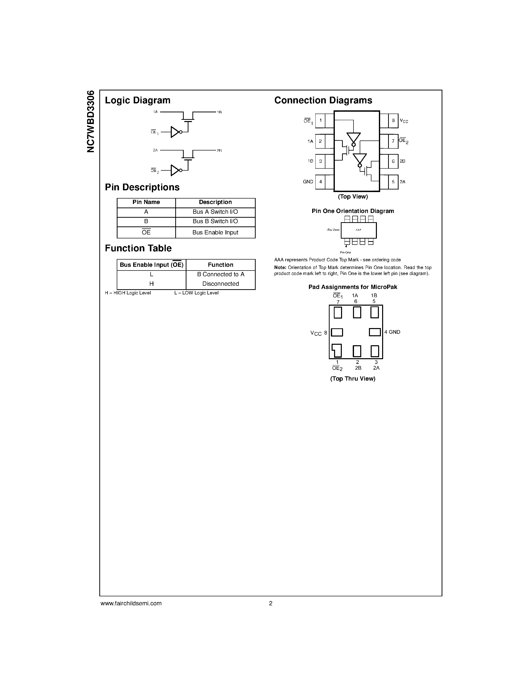 Datasheet NC7WBD3306 - TinyLogic. UHS 2-Bit Low Power Bus Switch with Level Shifting page 2