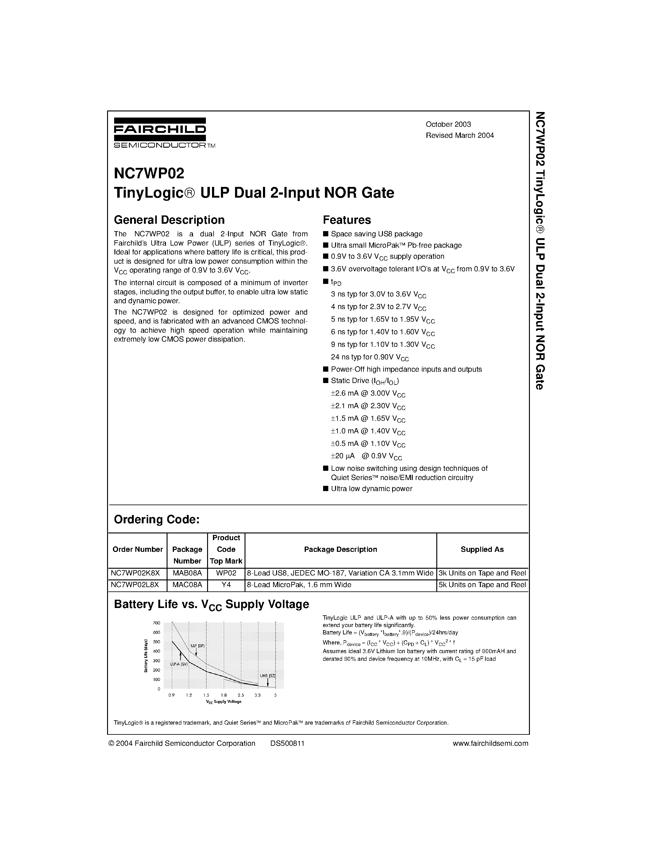 Datasheet NC7WP02L8X - TinyLogic ULP Dual 2-Input NOR Gate page 1