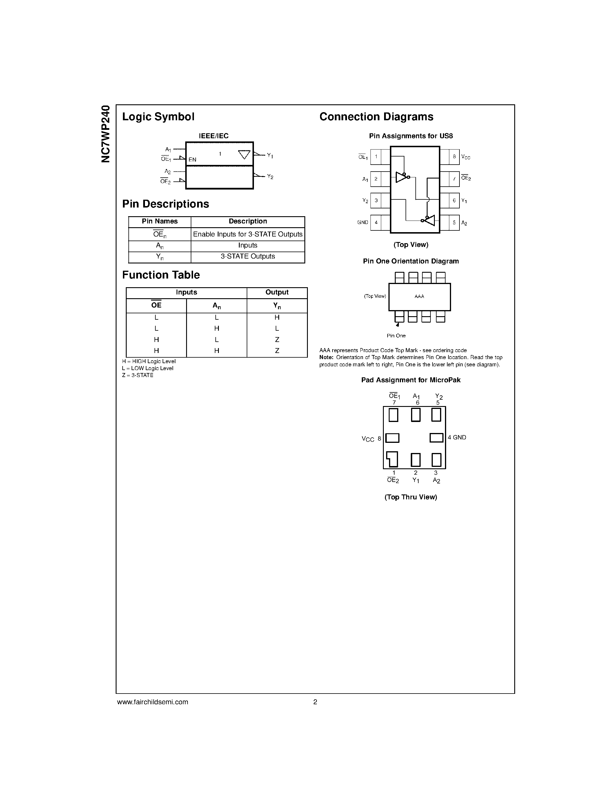 Datasheet NC7WP240L8X - TinyLogic ULP Dual Inverting Buffer with 3-STATE Outputs page 2