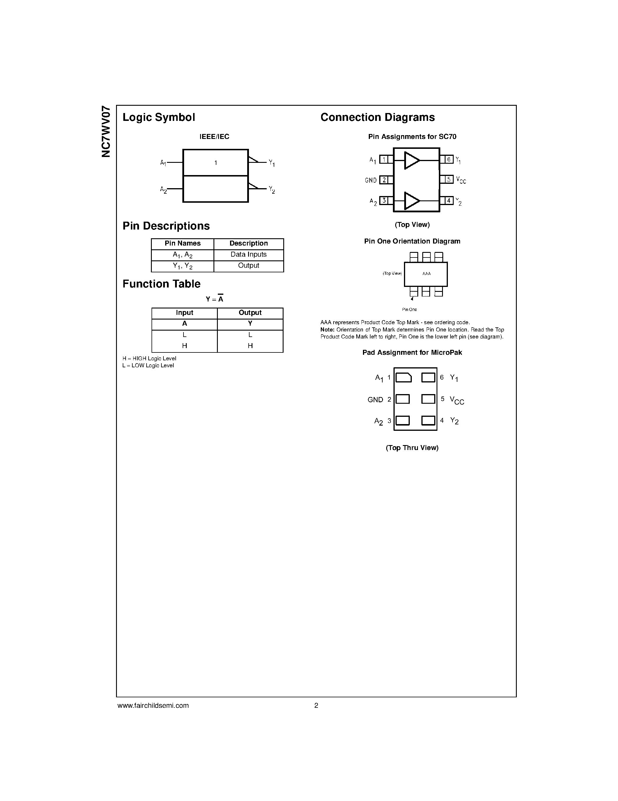 Datasheet NC7WV07P6X page 2 Datasheet NC7WV07P6X - TinyLogic ULP-A Dual Buffer (Open Drain Output) page 2