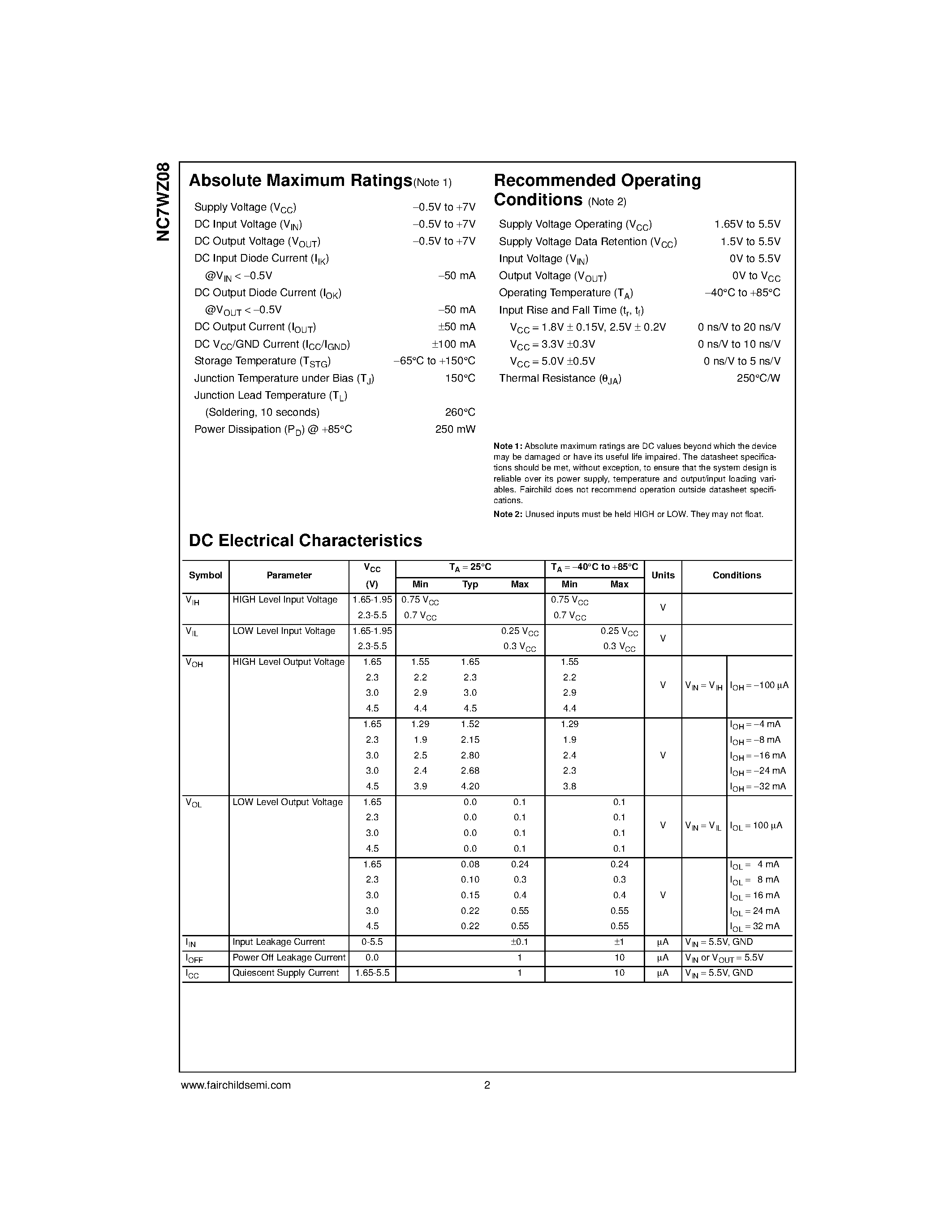 Datasheet NC7WZ08K8X - TinyLogic UHS Dual 2-Input AND Gate page 2