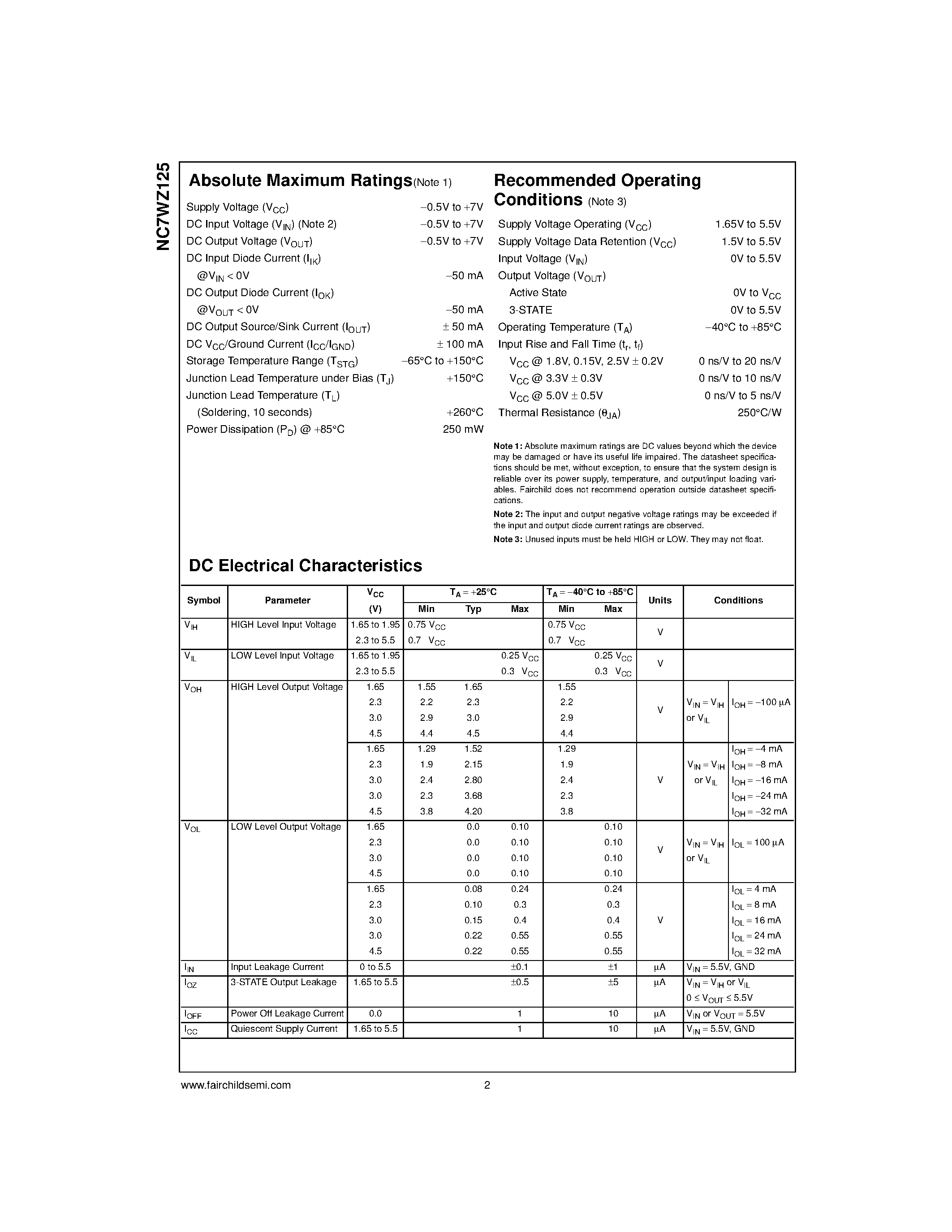 Datasheet NC7WZ125 - TinyLogic UHS Dual Buffer with 3-STATE Outputs page 2