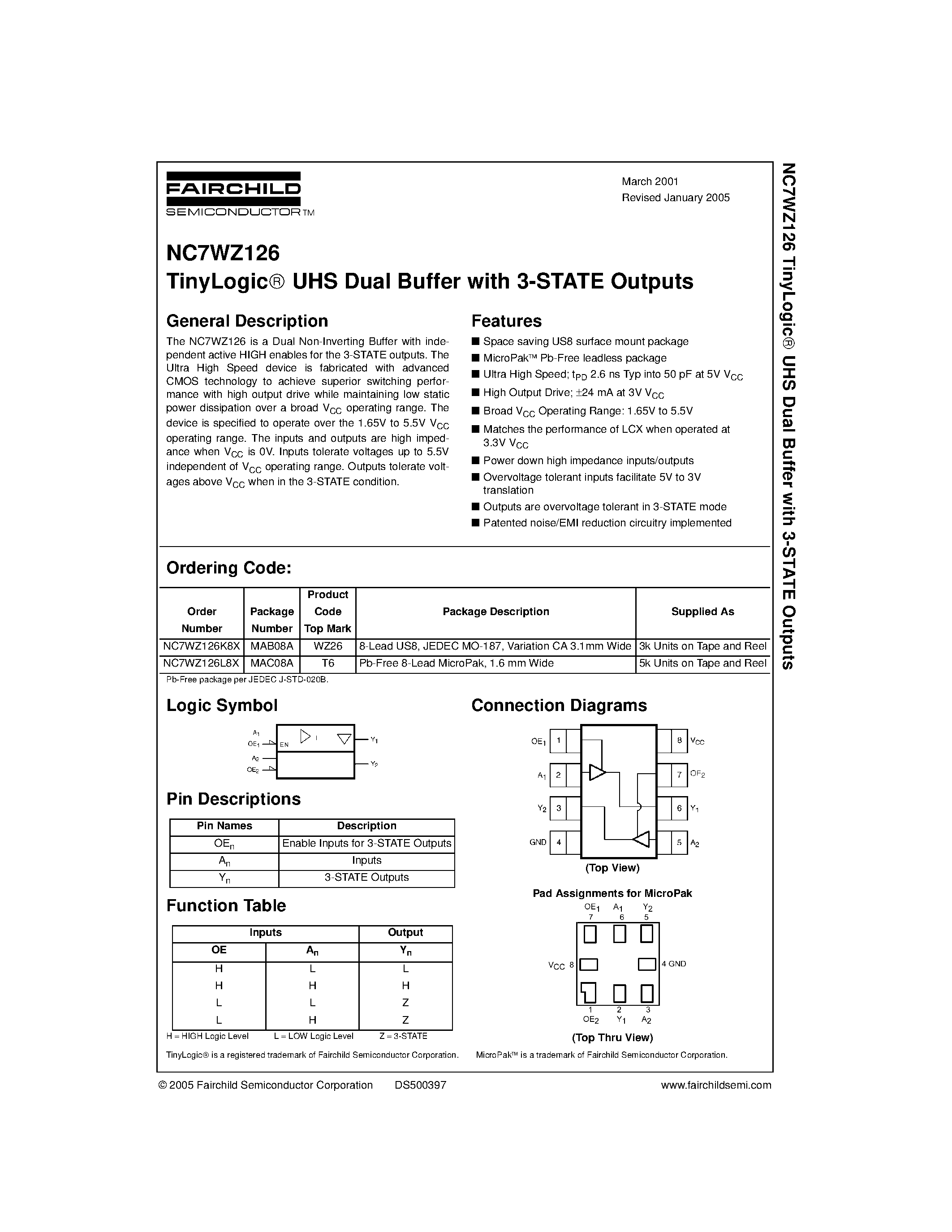 Datasheet NC7WZ126K8X - TinyLogic UHS Dual Buffer with 3-STATE Outputs page 1