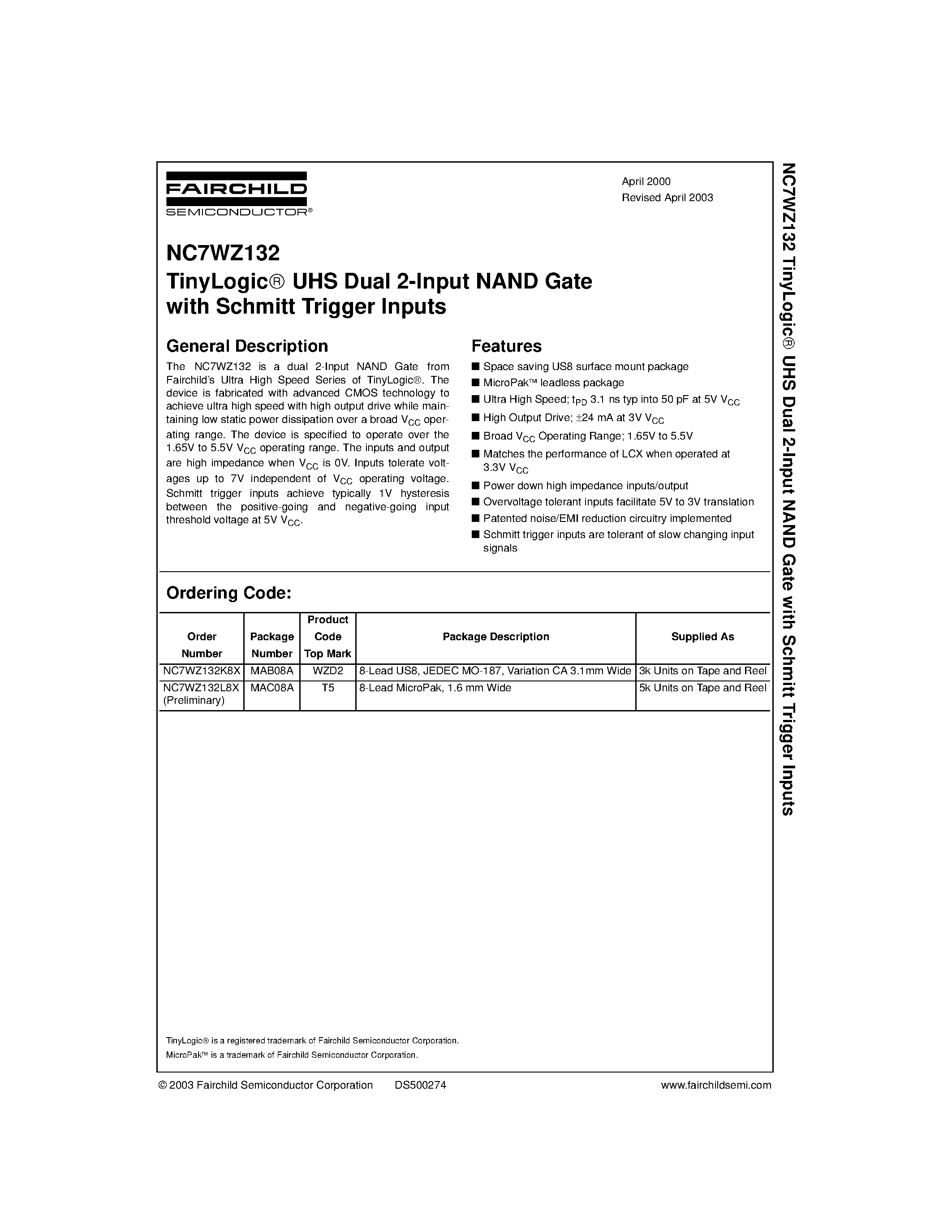 Datasheet NC7WZ132K8X - TinyLogic UHS Dual 2-Input NAND Gate page 1