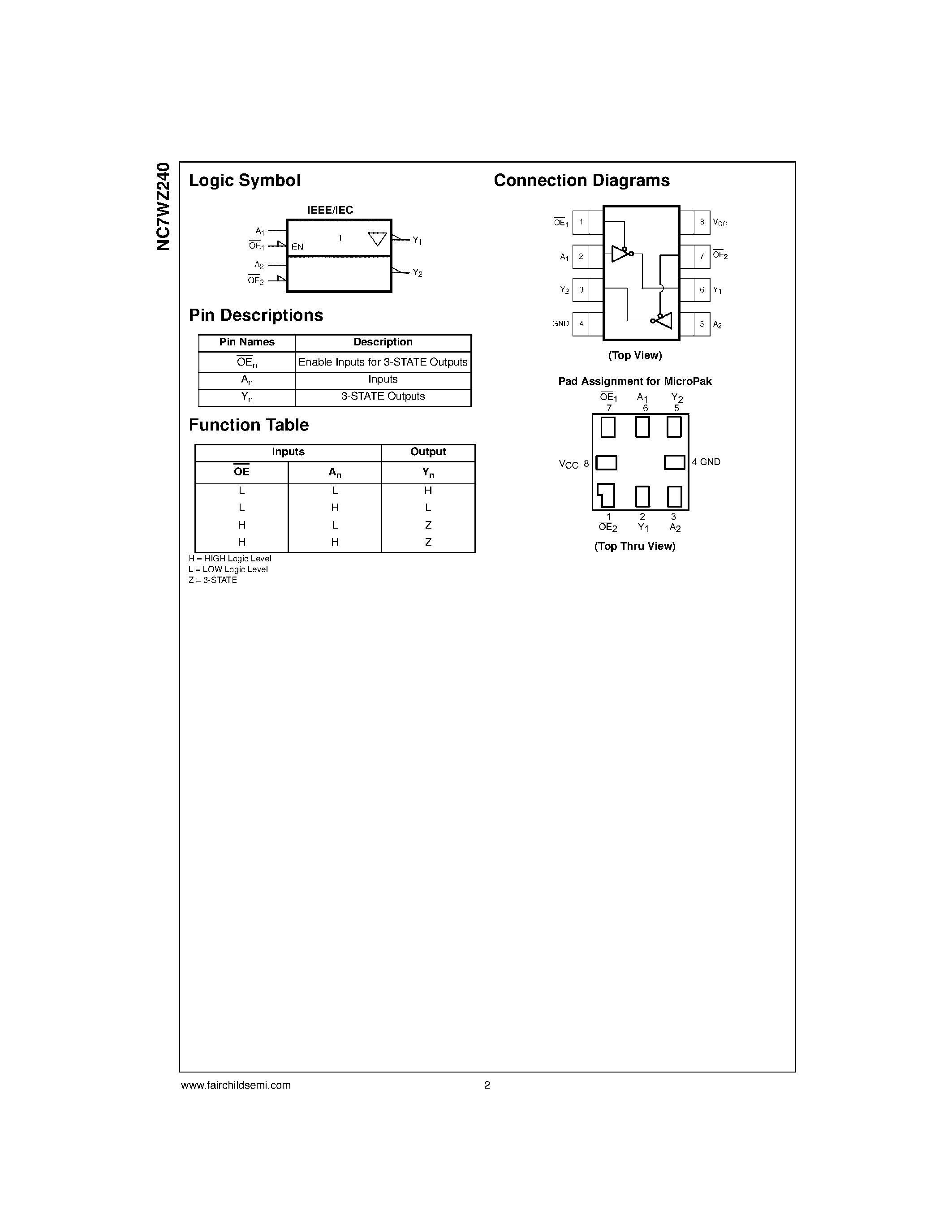 Datasheet NC7WZ240 - TinyLogic. UHS Dual Inverting Buffer with 3-STATE Outputs page 2