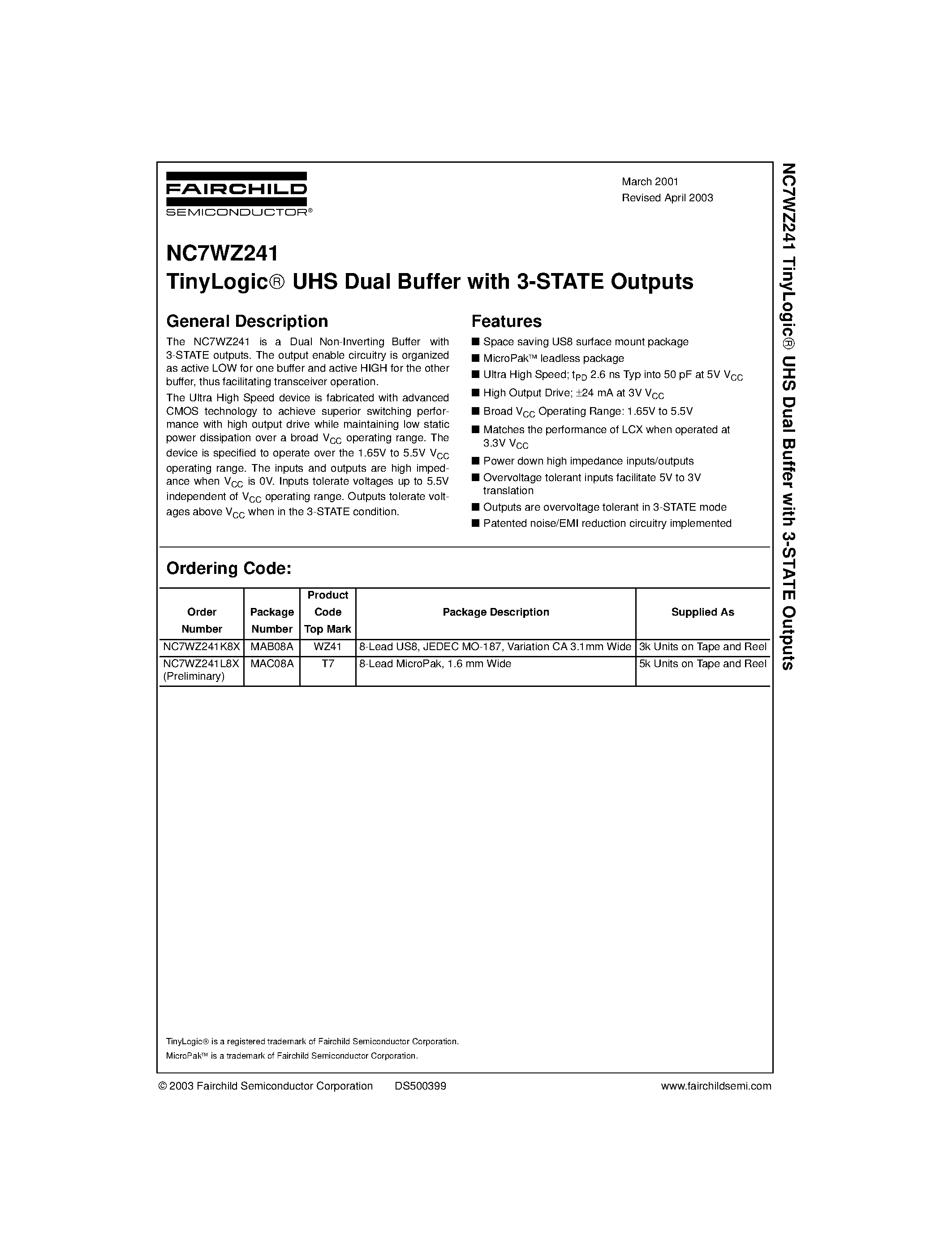 Datasheet NC7WZ241L8X(Preliminary) - TinyLogic. UHS Dual Buffer with 3-STATE Outputs page 1