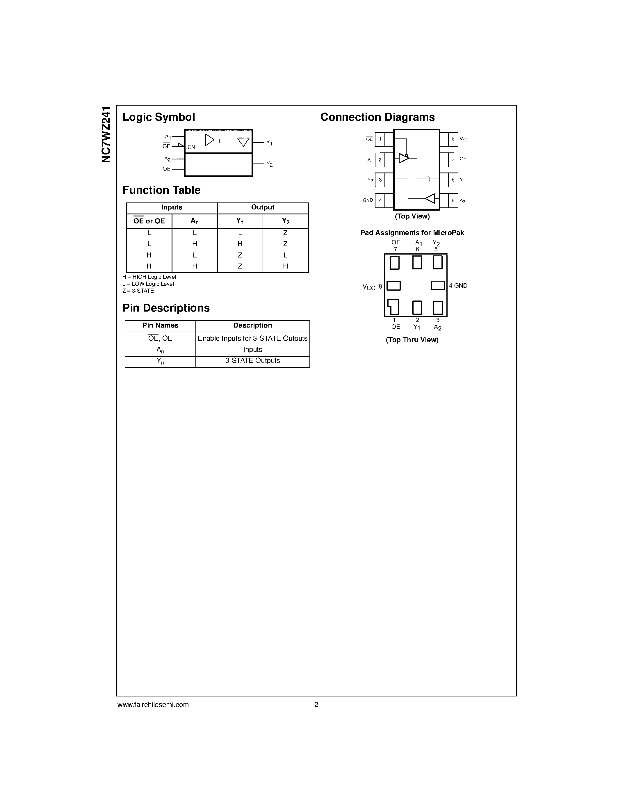 Datasheet NC7WZ241L8X(Preliminary) - TinyLogic. UHS Dual Buffer with 3-STATE Outputs page 2
