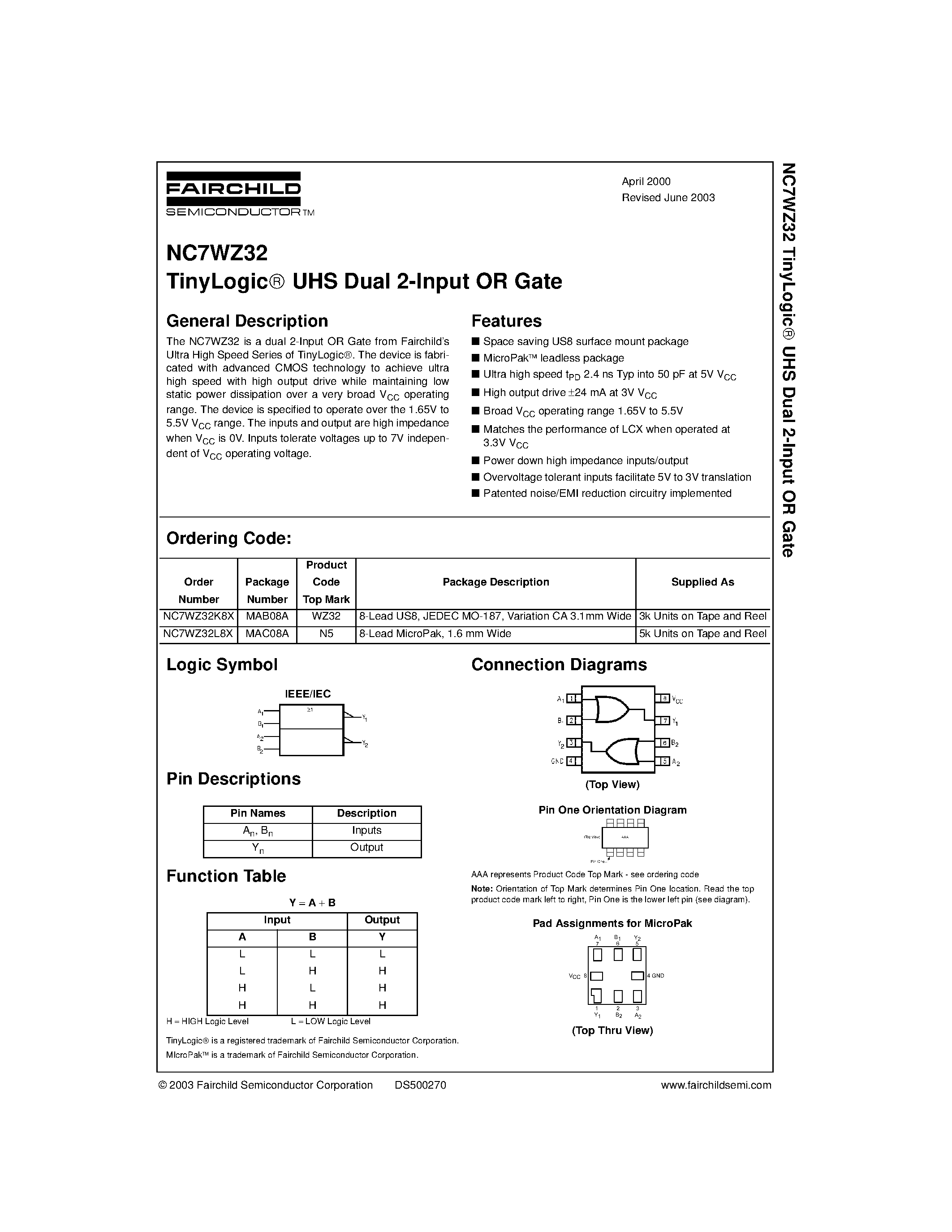 Datasheet NC7WZ32L8X - TinyLogic UHS Dual 2-Input OR Gate page 1