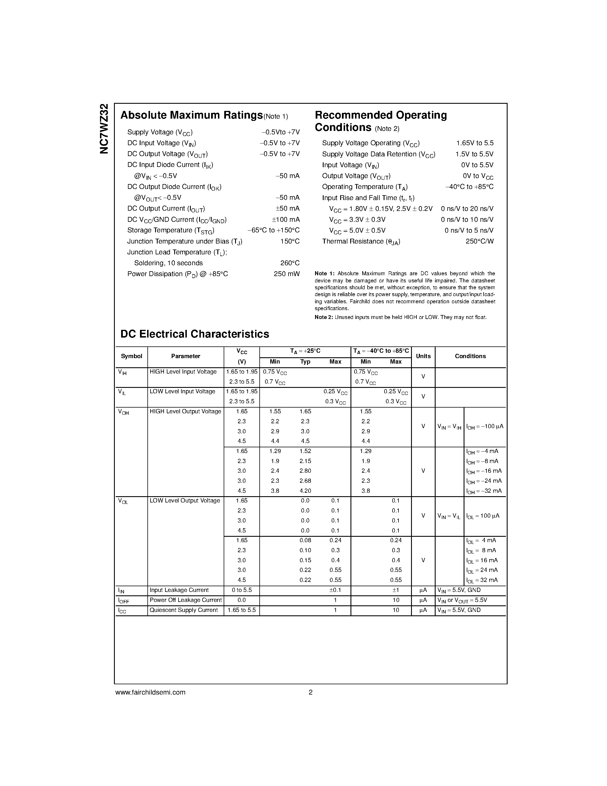 Datasheet NC7WZ32L8X - TinyLogic UHS Dual 2-Input OR Gate page 2