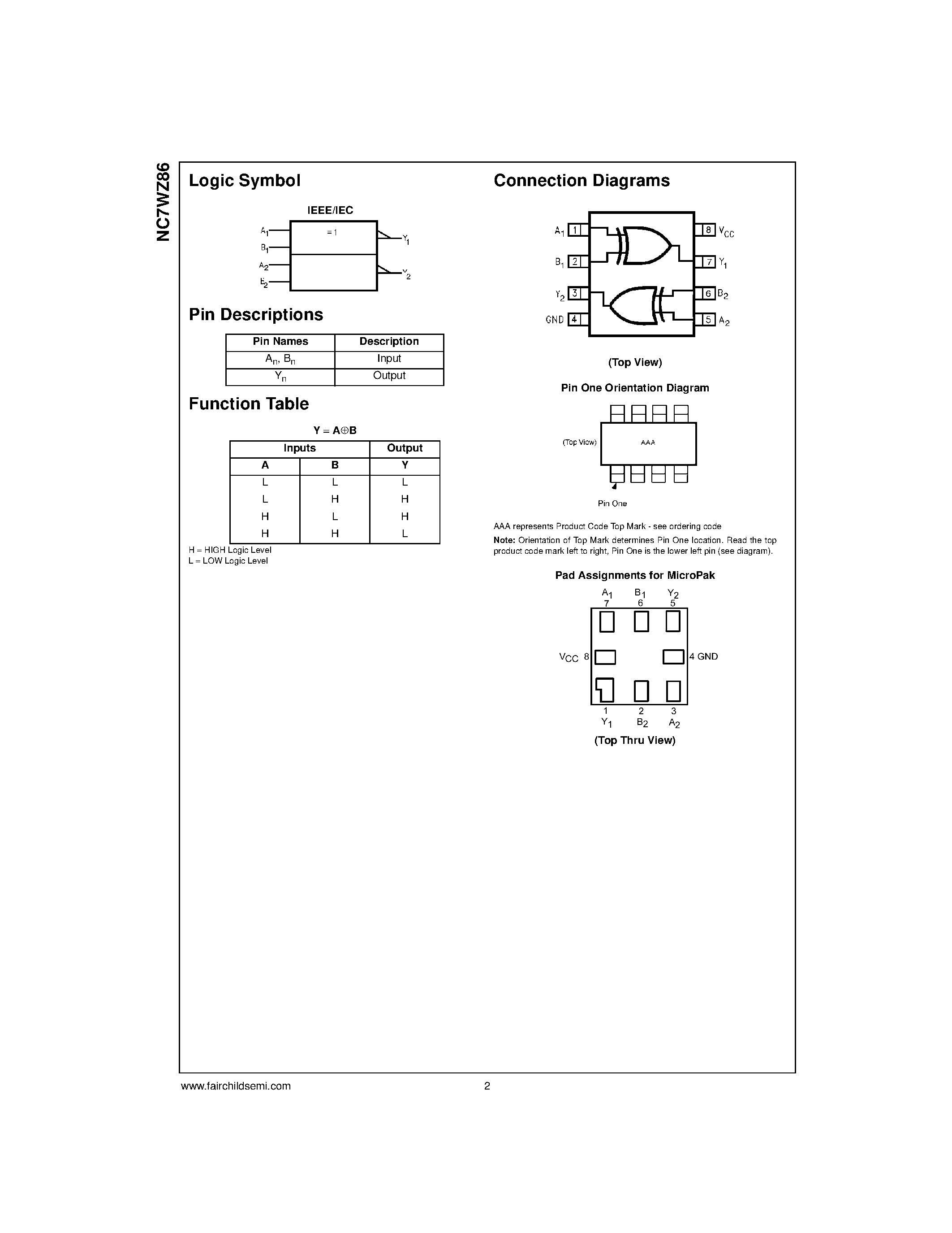 Datasheet NC7WZ86 - TinyLogic UHS Dual 2-Input Exclusive-OR Gate page 2