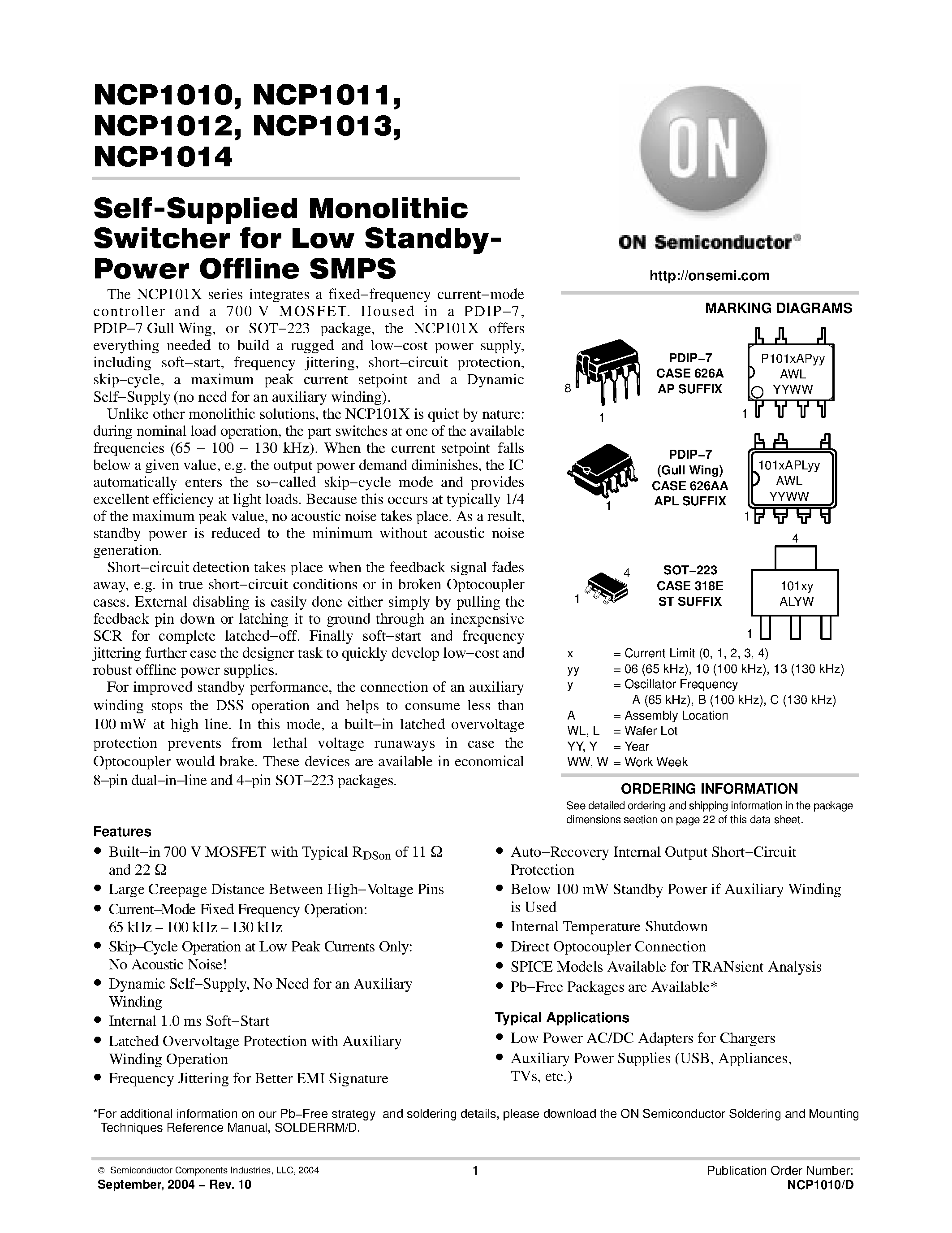 Datasheet NCP1011ST100T3 - Self-Supplied Monolithic Switcher for Low Standby- Power Offline SMPS page 1