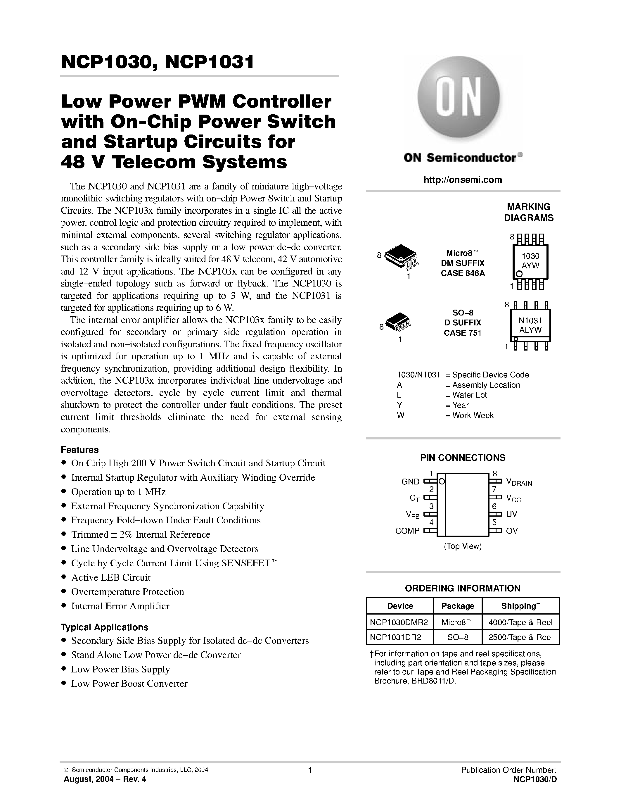 Даташит NCP1030 - Low Power PWM Controller with On-Chip Power Switch and Startup Circuits for 48V Telecom Systems страница 1