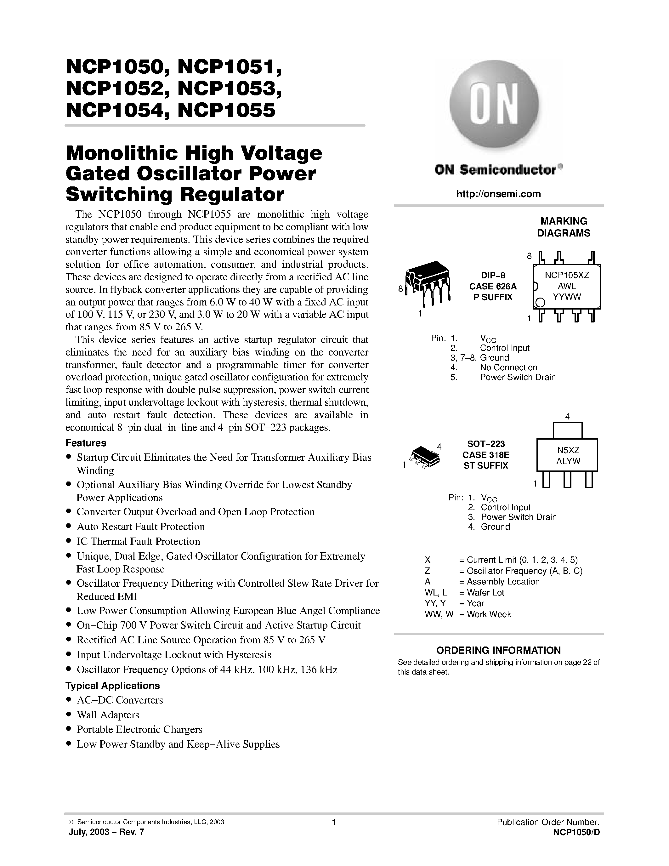 Datasheet NCP1055 - Monolithic High Voltage Gated Oscillator Power Switching Regulator page 1