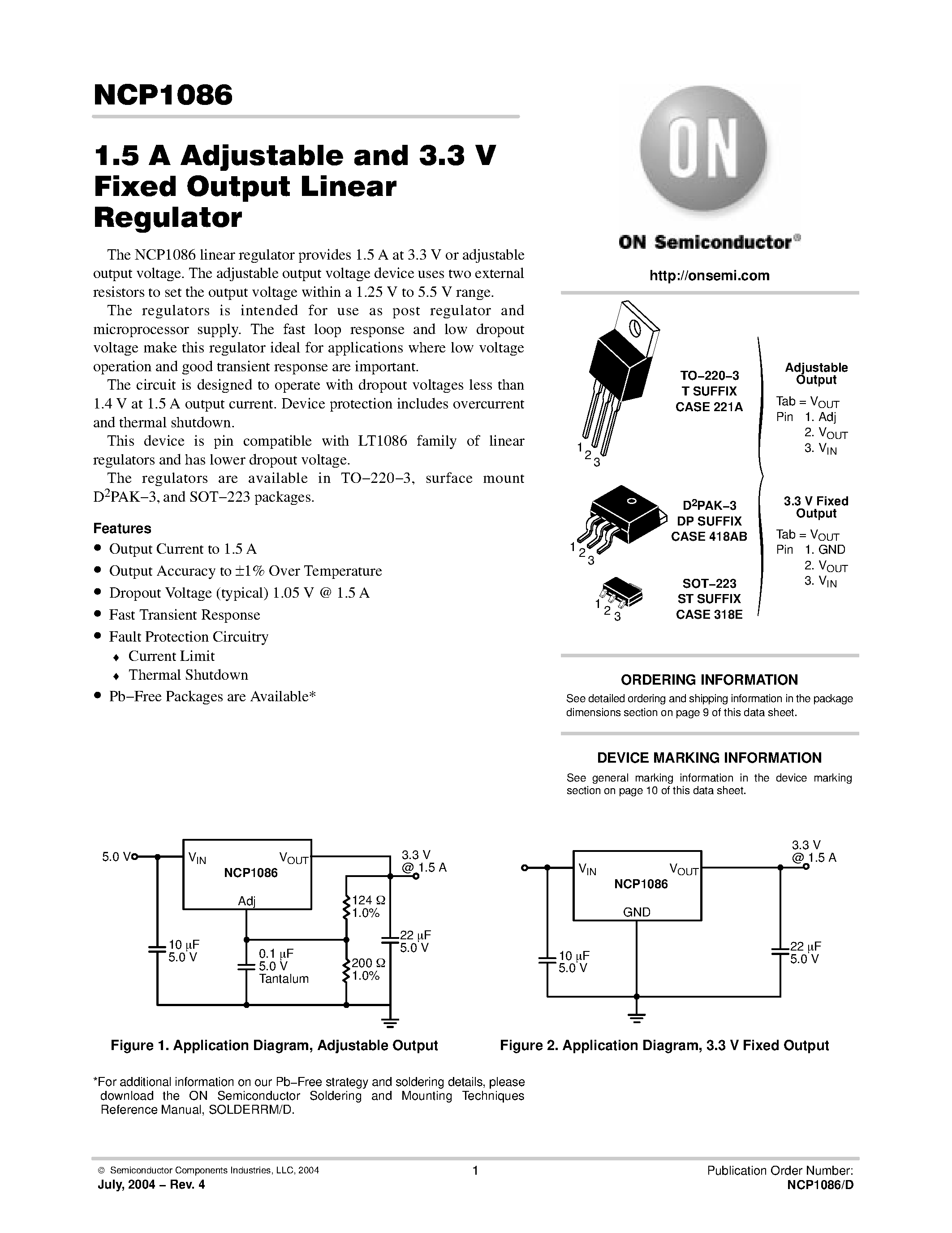 Datasheet NCP1086 page 1 Datasheet NCP1086 - 1.5 A Adjustable and 3.3 V Fixed Output Linear Regulator page 1