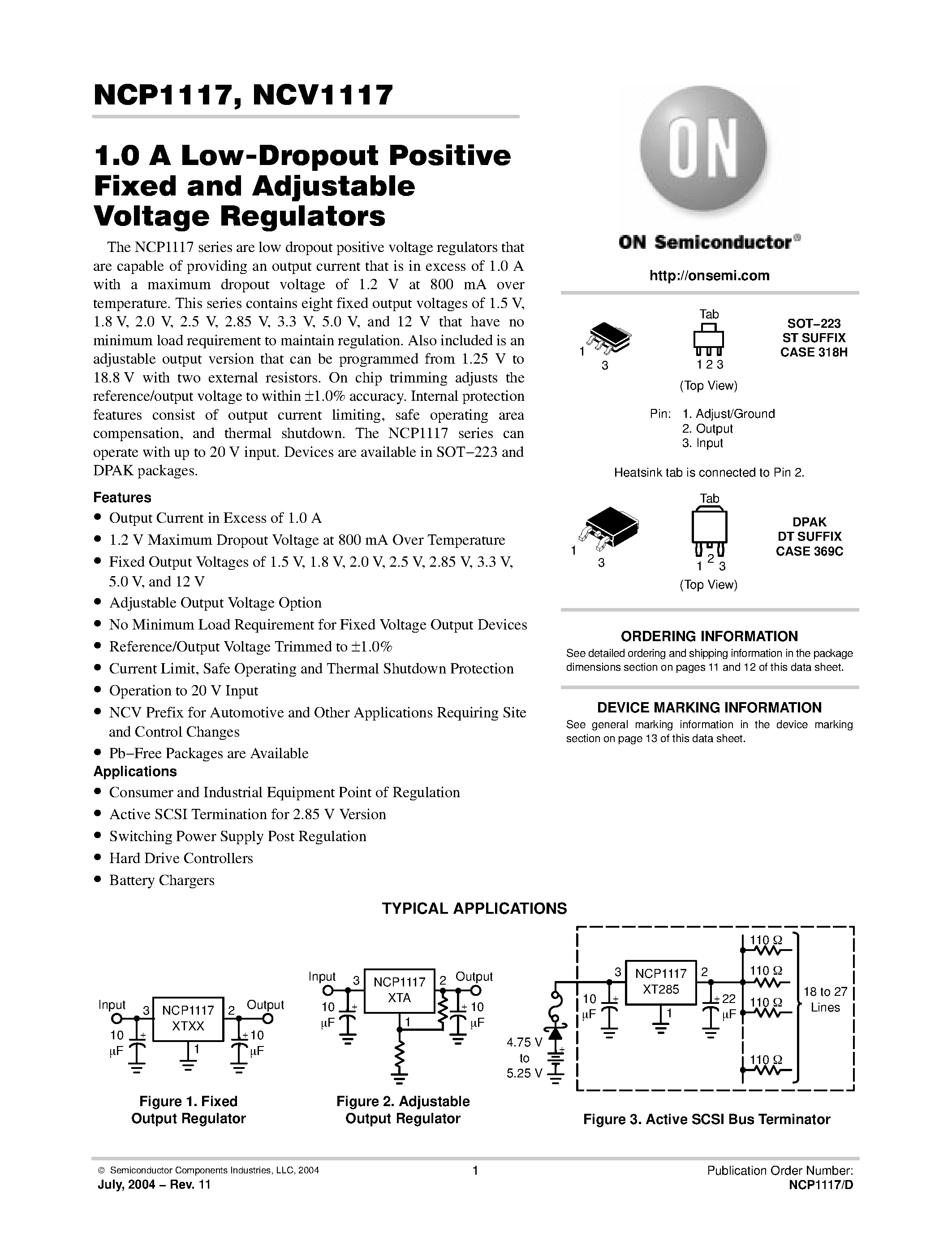Datasheet NCP1117 - 1.0 A Low-Dropout Positive Fixed and Adjustable Voltage Regulators page 1