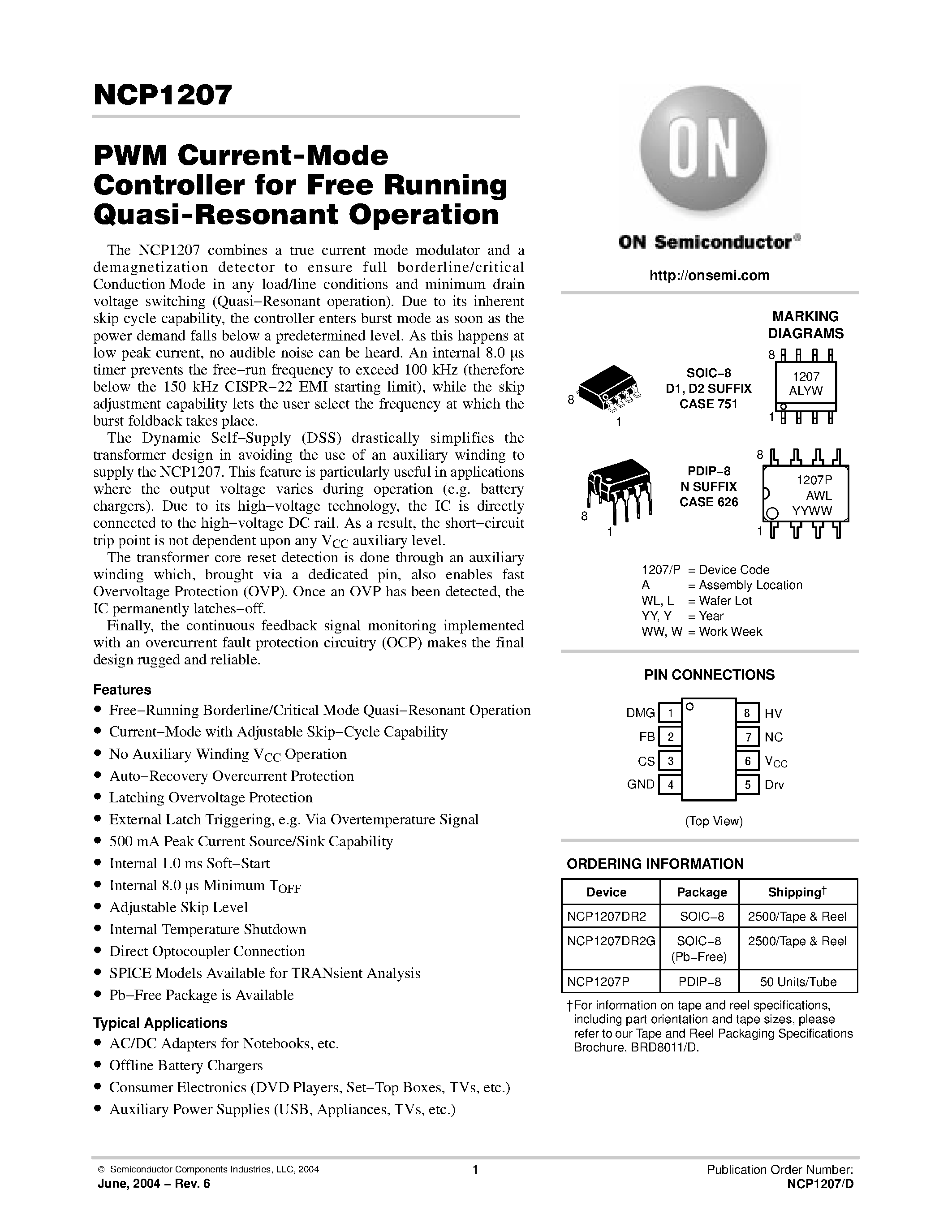 Datasheet NCP1207-D - PWM Current-Mode Controller for Free Running Quasi-Resonant Operation page 1