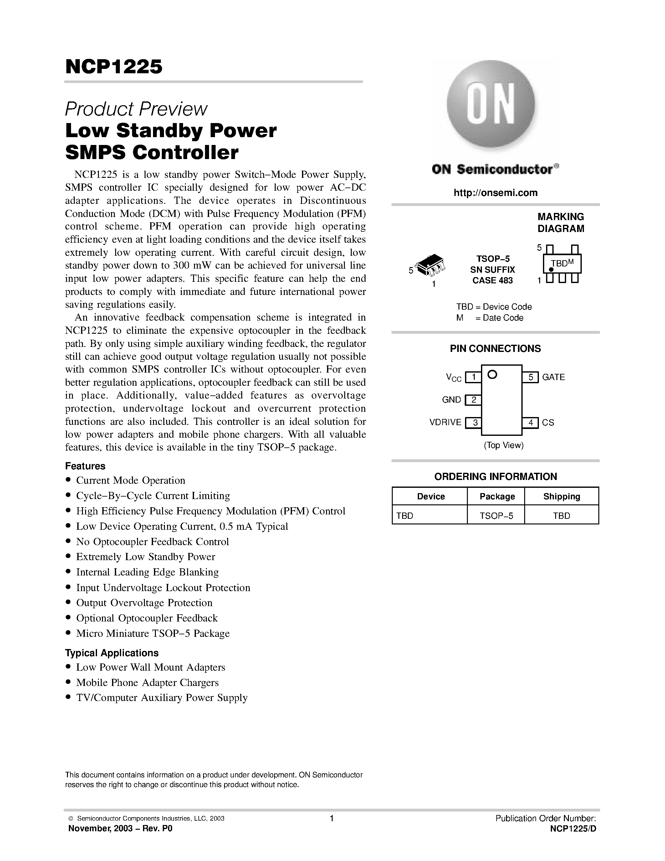 Datasheet NCP1225 - Low Standby Power SMPS Controller page 1