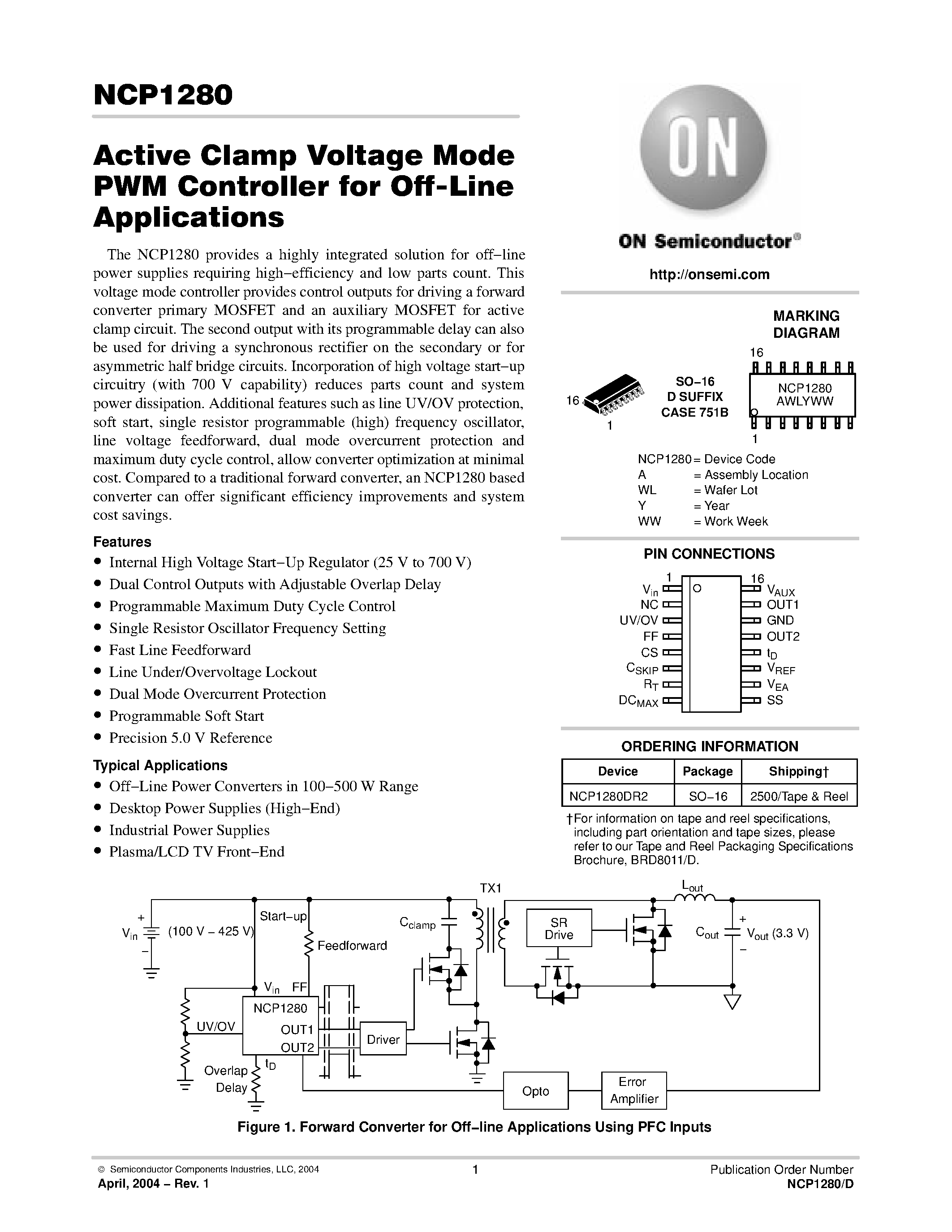 Даташит NCP1280 - Active Clamp Voltage Mode PWM Controller for Off-Line Applications страница 1