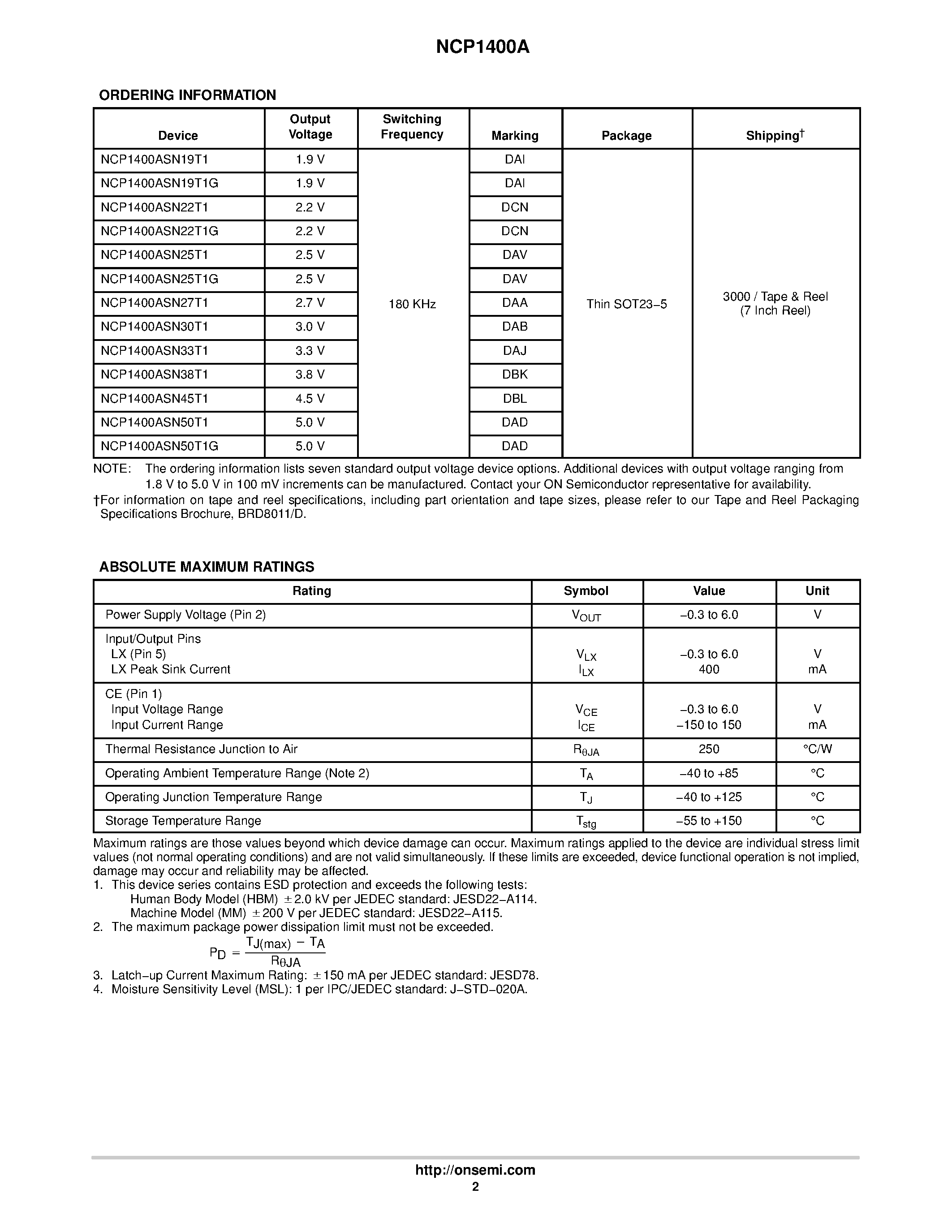 Datasheet NCP1400A-D page 2 Datasheet NCP1400A-D - 100mA / Fixed Frequency PWM Step-Up Micropower Switching Regulator page 2
