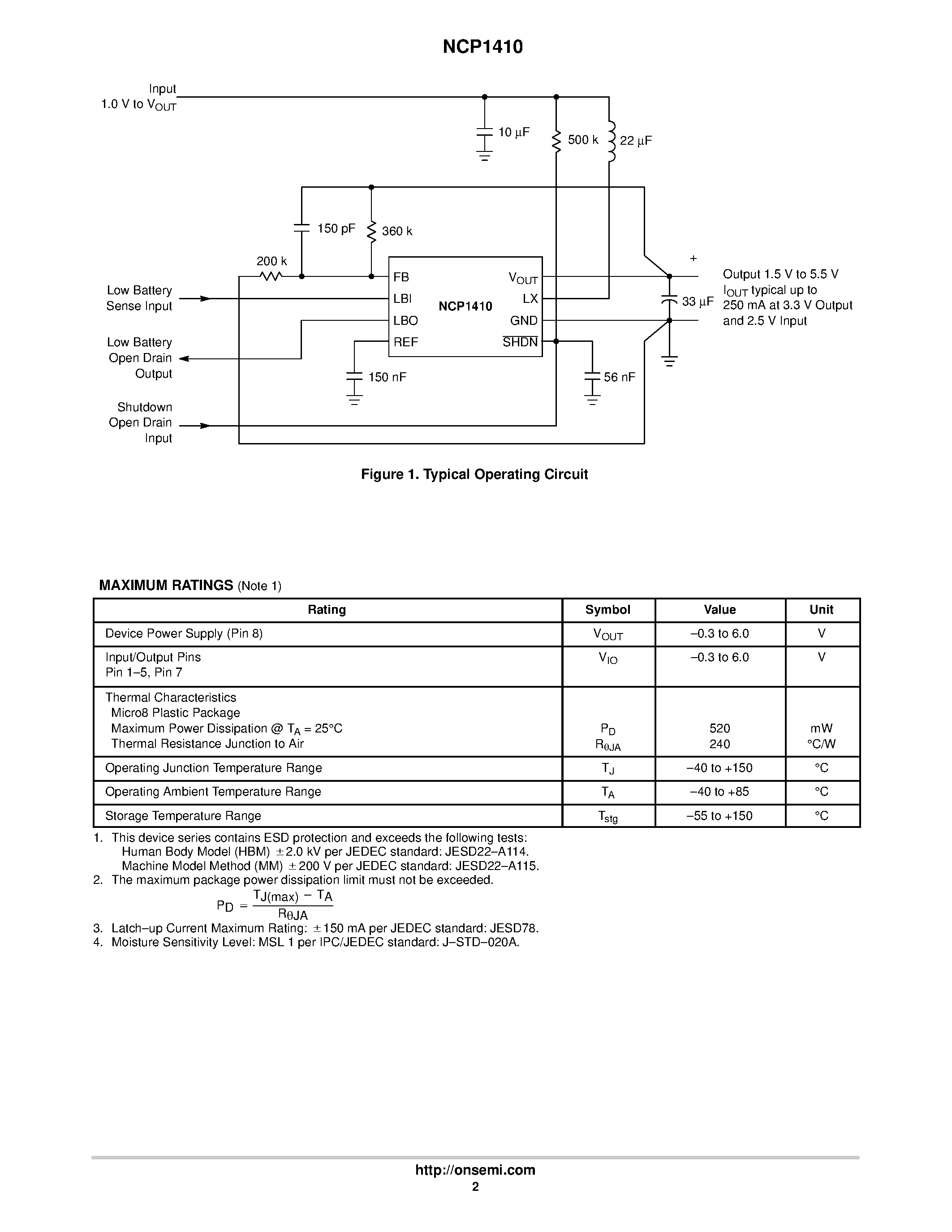 Datasheet NCP1410 - 250 mA Sync-Rect PFM Step-Up DC-DC Converter with Low-Battery Detector page 2