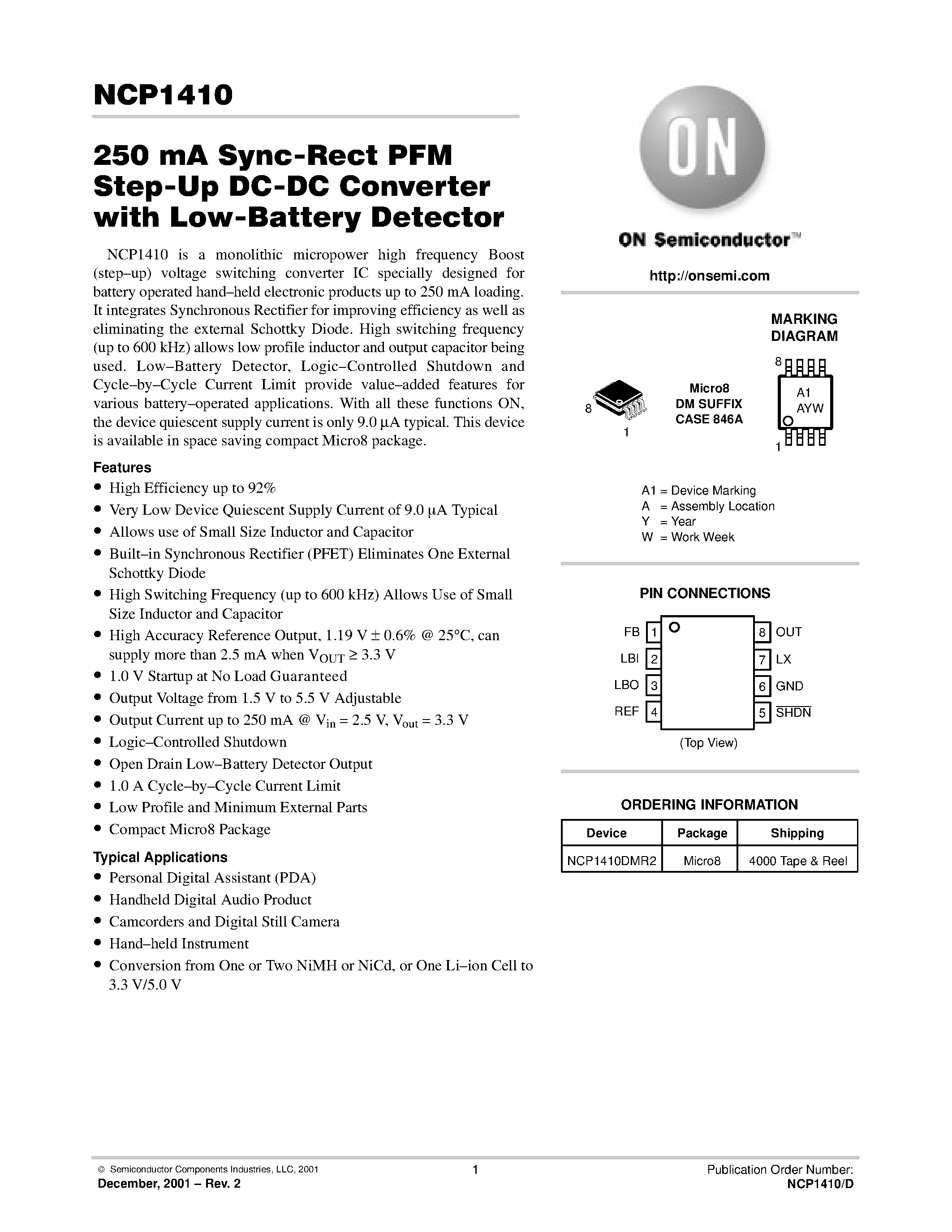 Datasheet NCP1410DMR2 - 250 mA Sync-Rect PFM Step-Up DC-DC Converter with Low-Battery Detector page 1