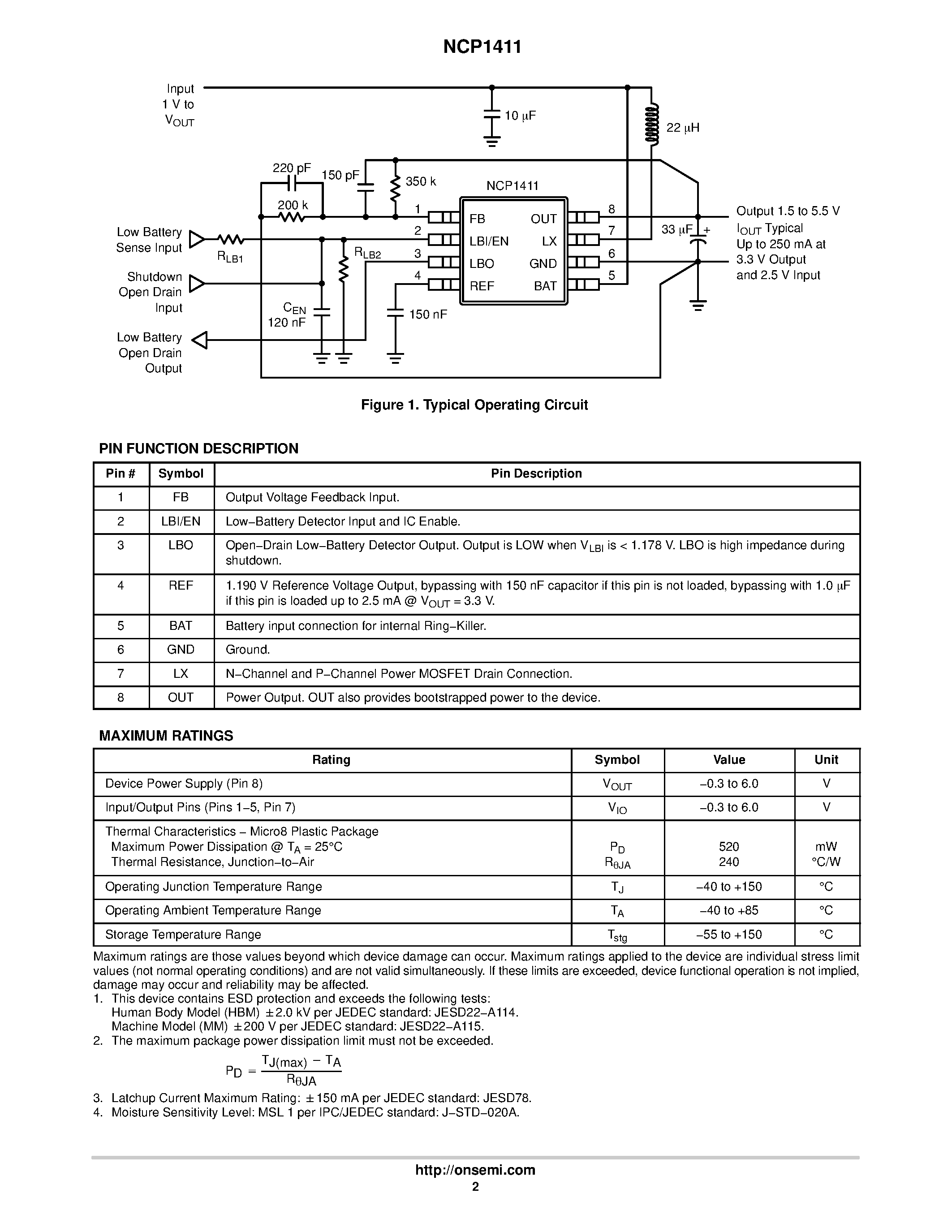 Datasheet NCP1411D - Sync-Rect PFM Step-Up DC-DC Converter with Low-Battery Detector and Ring-Killer page 2