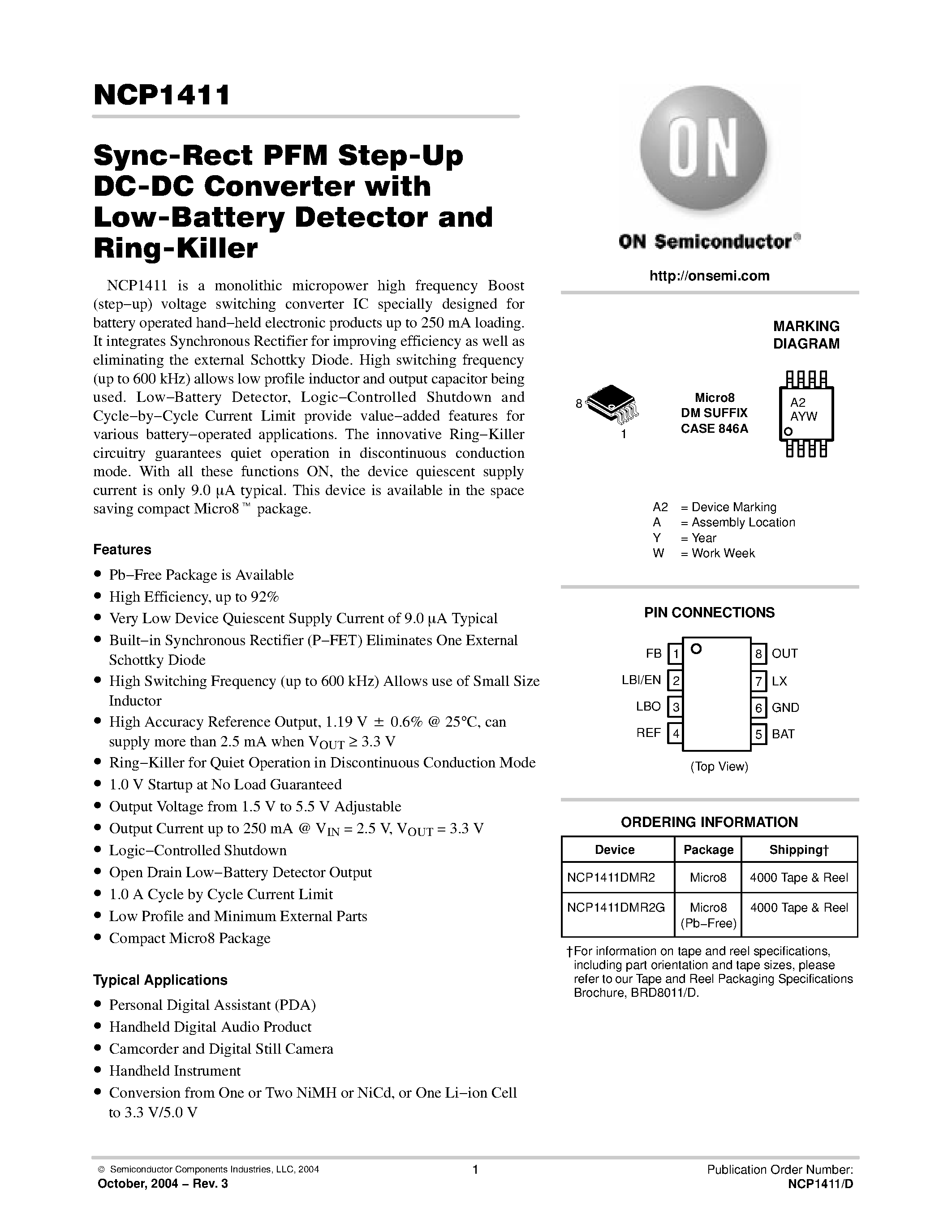 Datasheet NCP1411DMR2G - Sync-Rect PFM Step-Up DC-DC Converter with Low-Battery Detector and Ring-Killer page 1