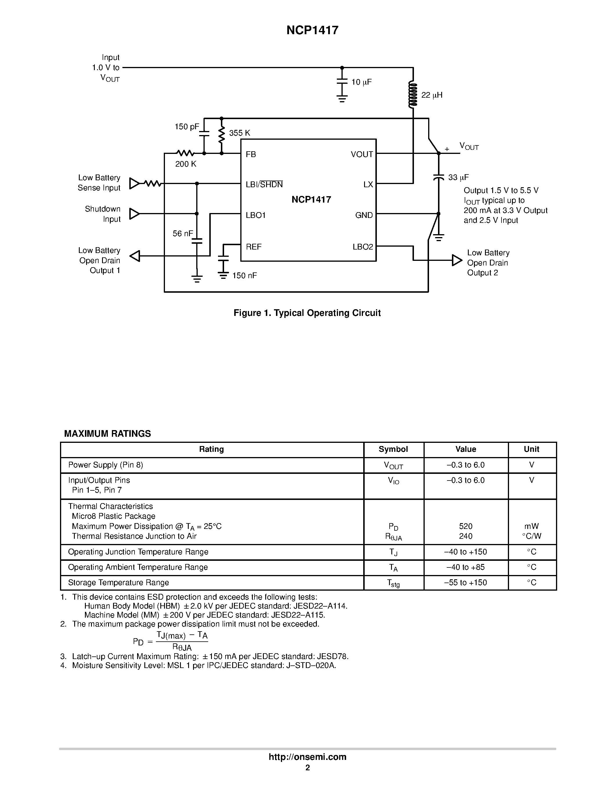 Datasheet NCP1417 - 200 mA DC-DC Step-up Converter with Dual Low Battery Protection page 2
