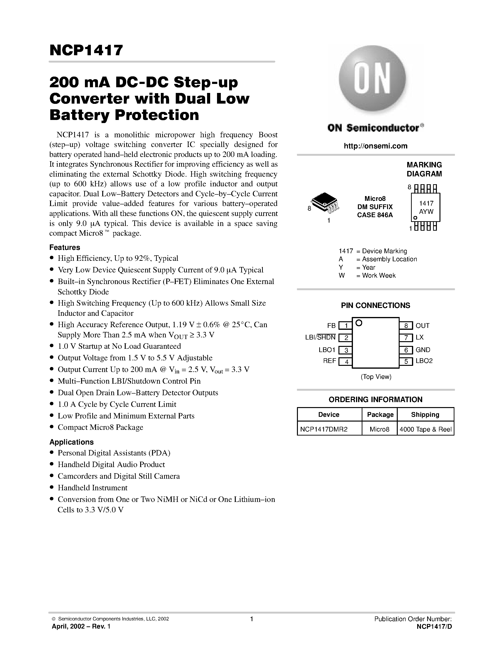 Datasheet NCP1417DMR2 - 200 mA DC-DC Step-up Converter with Dual Low Battery Protection page 1