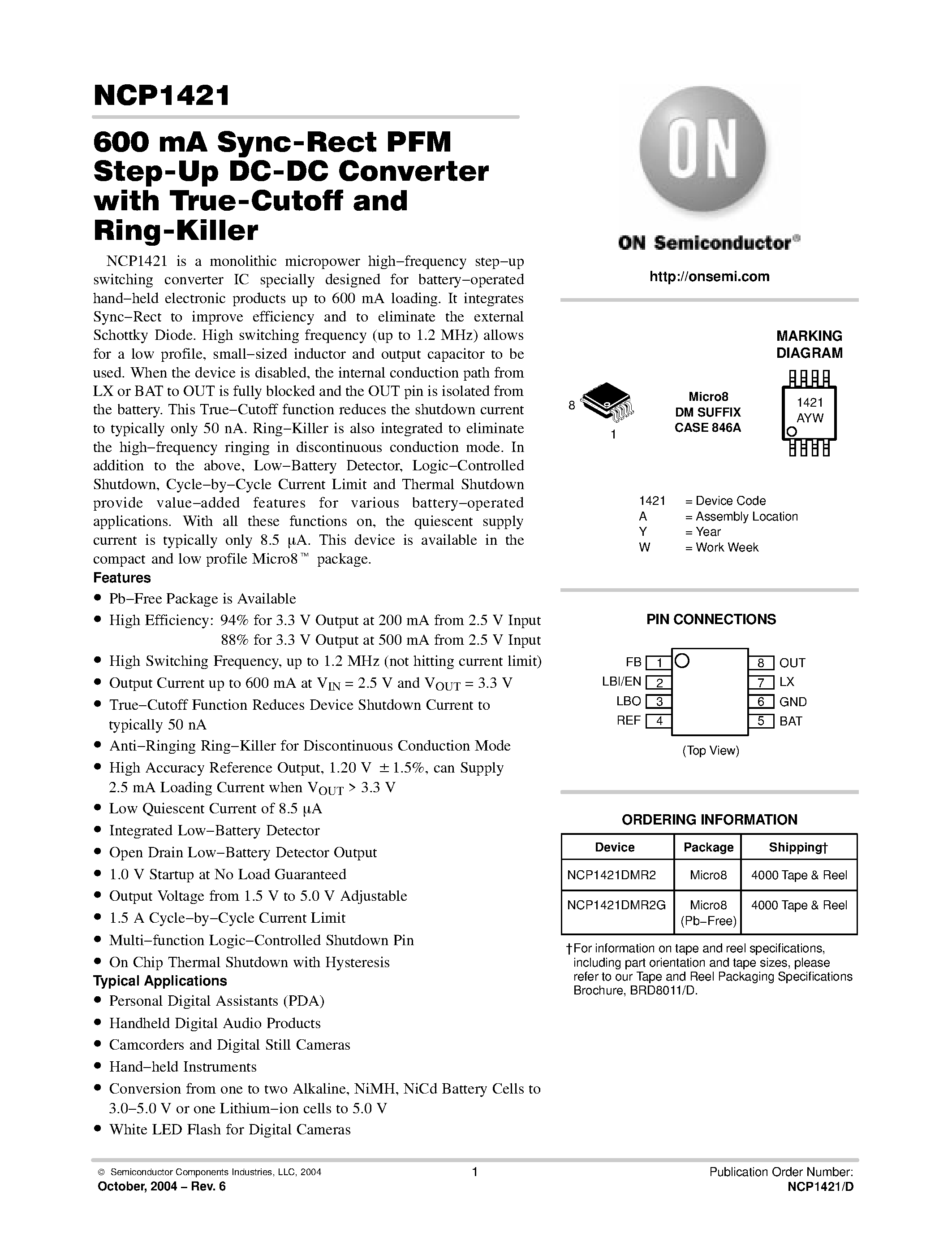 Даташит NCP1421D - 600 mA Sync-Rect PFM Step-Up DC-DC Converter Step-Up DC-DC Converter with True-Cutoff and Ring-Killer страница 1