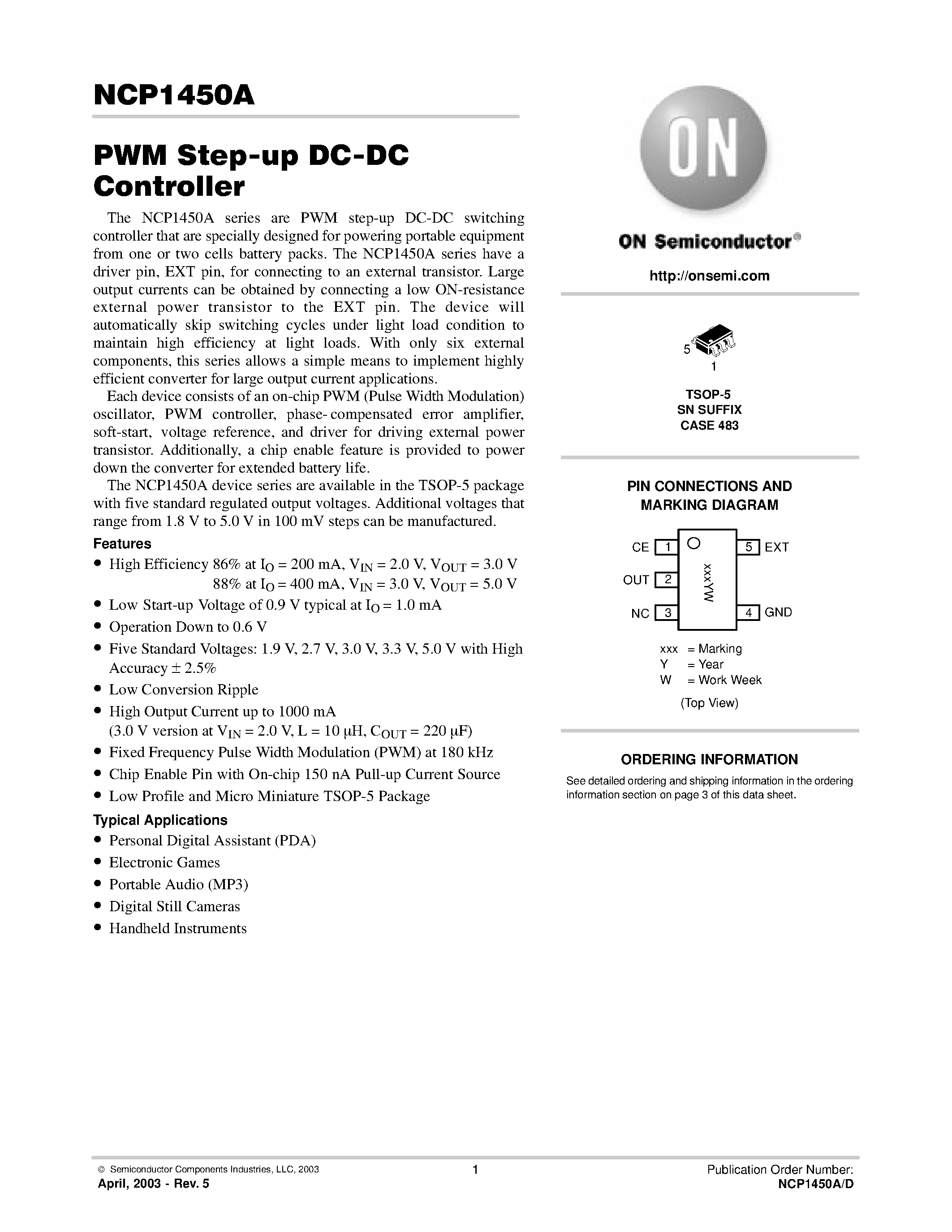 Datasheet NCP1450A - PWM Step-up DC-DC Controller page 1