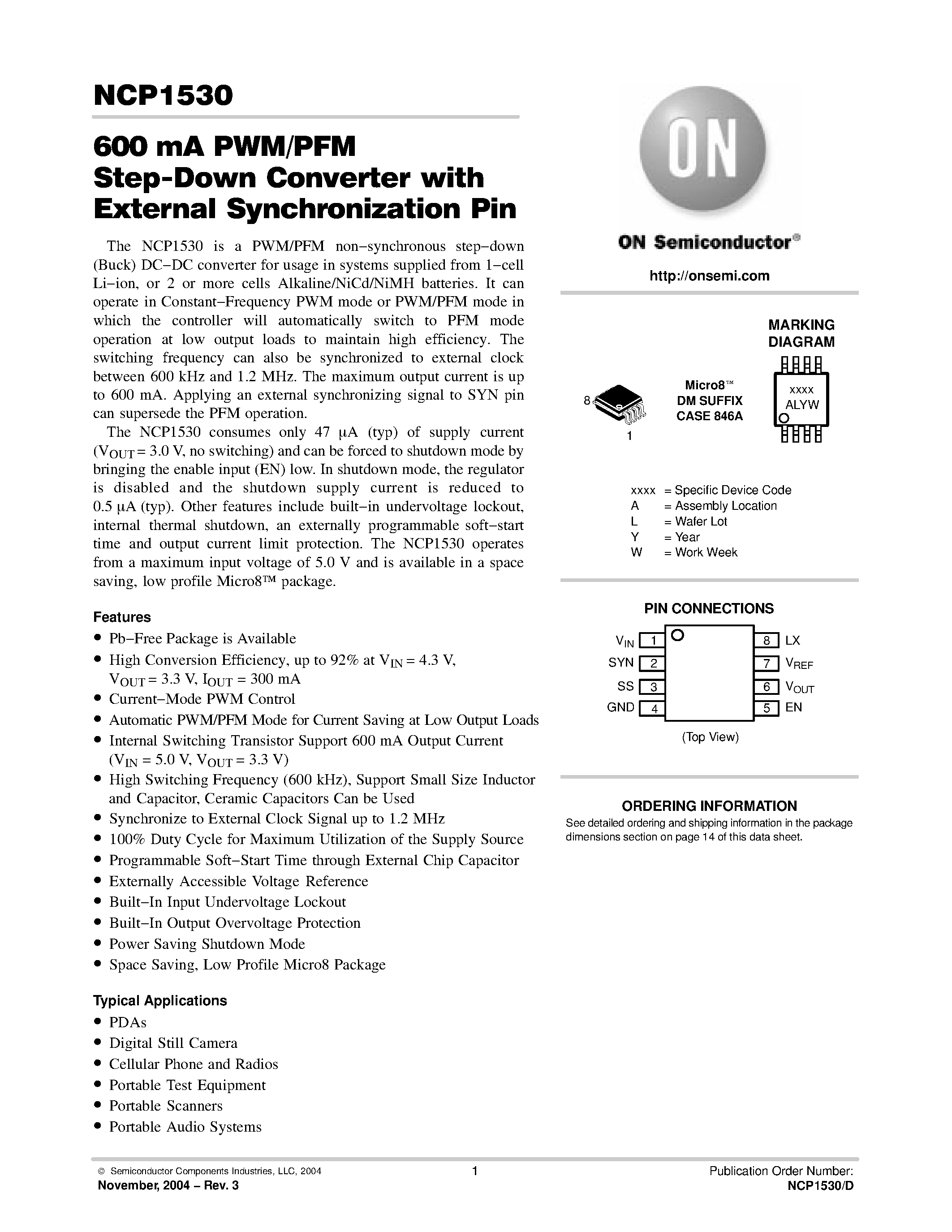 Datasheet NCP1530DM27R2 - 600 mA PWM/PFM Step-Down Converter with External Synchronization Pin page 1
