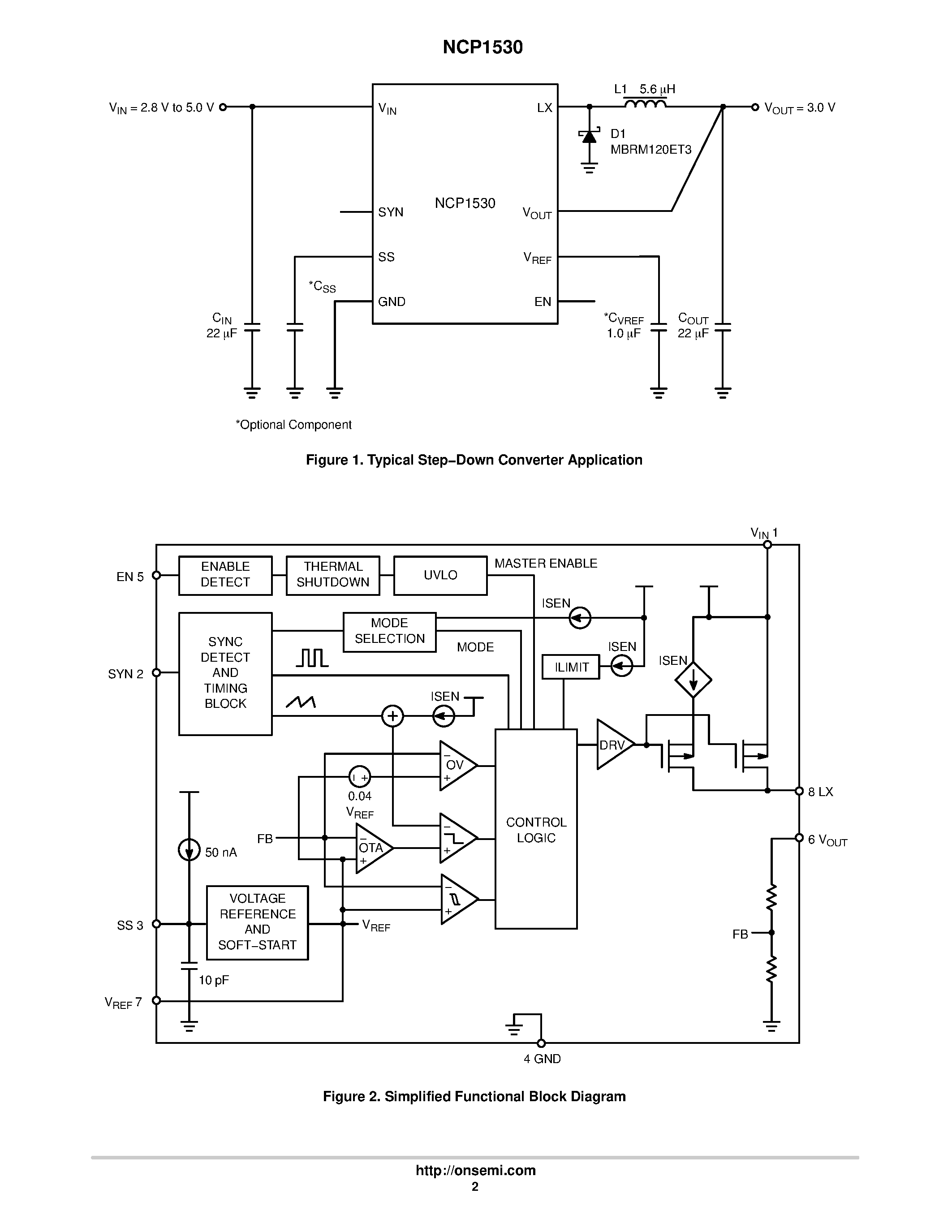 Datasheet NCP1530DM27R2 - 600 mA PWM/PFM Step-Down Converter with External Synchronization Pin page 2