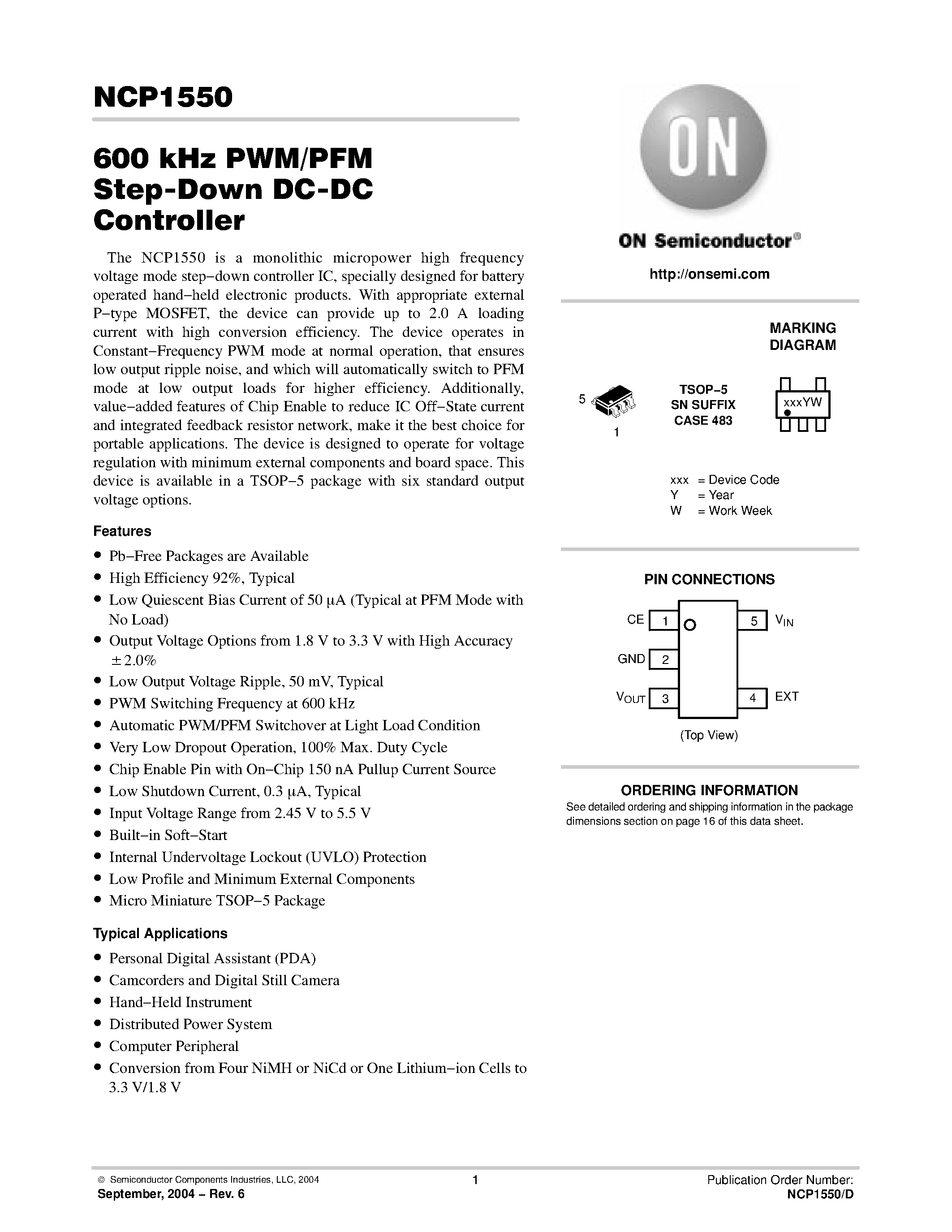 Datasheet NCP1550 page 1 Datasheet NCP1550 - 600 kHz PWM/PFM Step-Down DC-DC Controller page 1