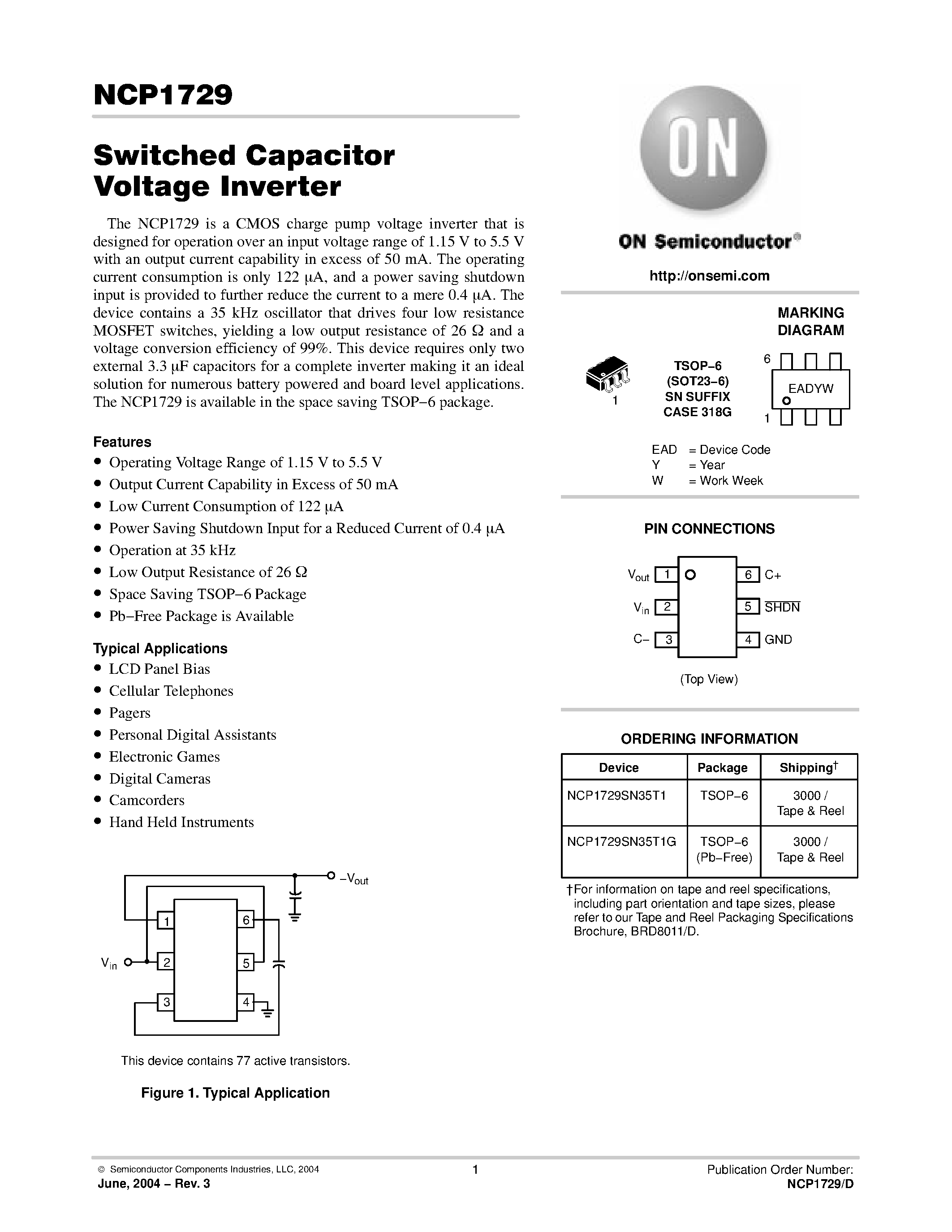 Datasheet NCP1729SN35T1 page 1 Datasheet NCP1729SN35T1 - Switched Capacitor Voltage Inverter page 1