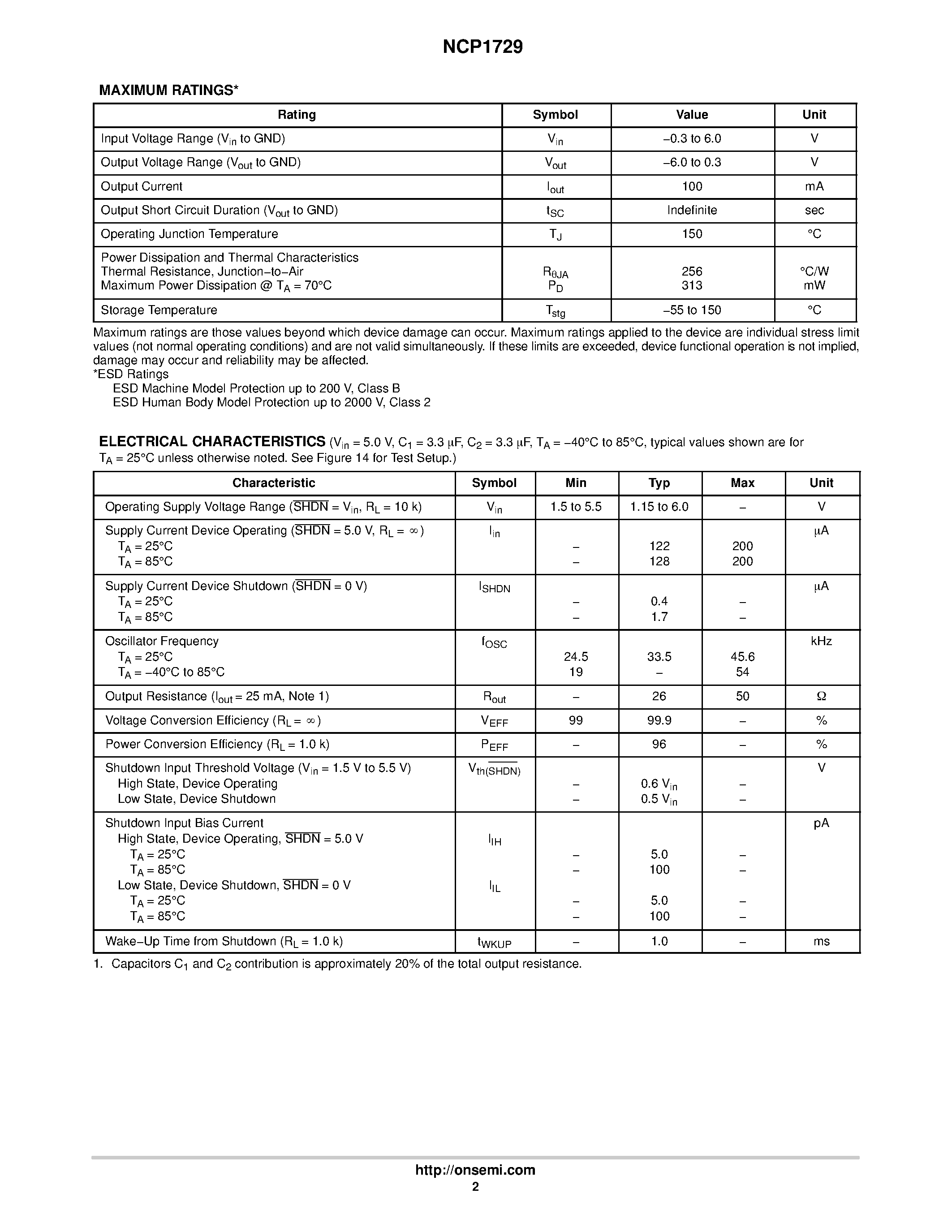 Datasheet NCP1729SN35T1G page 2 Datasheet NCP1729SN35T1G - Switched Capacitor Voltage Inverter page 2