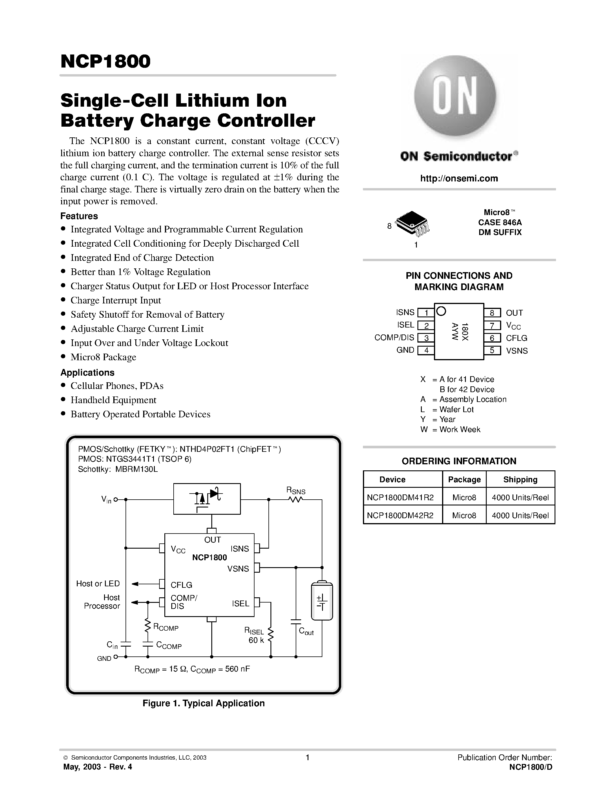 Datasheet NCP1800DM42 - Single-Cell Lithium Ion Battery Charge Controller page 1