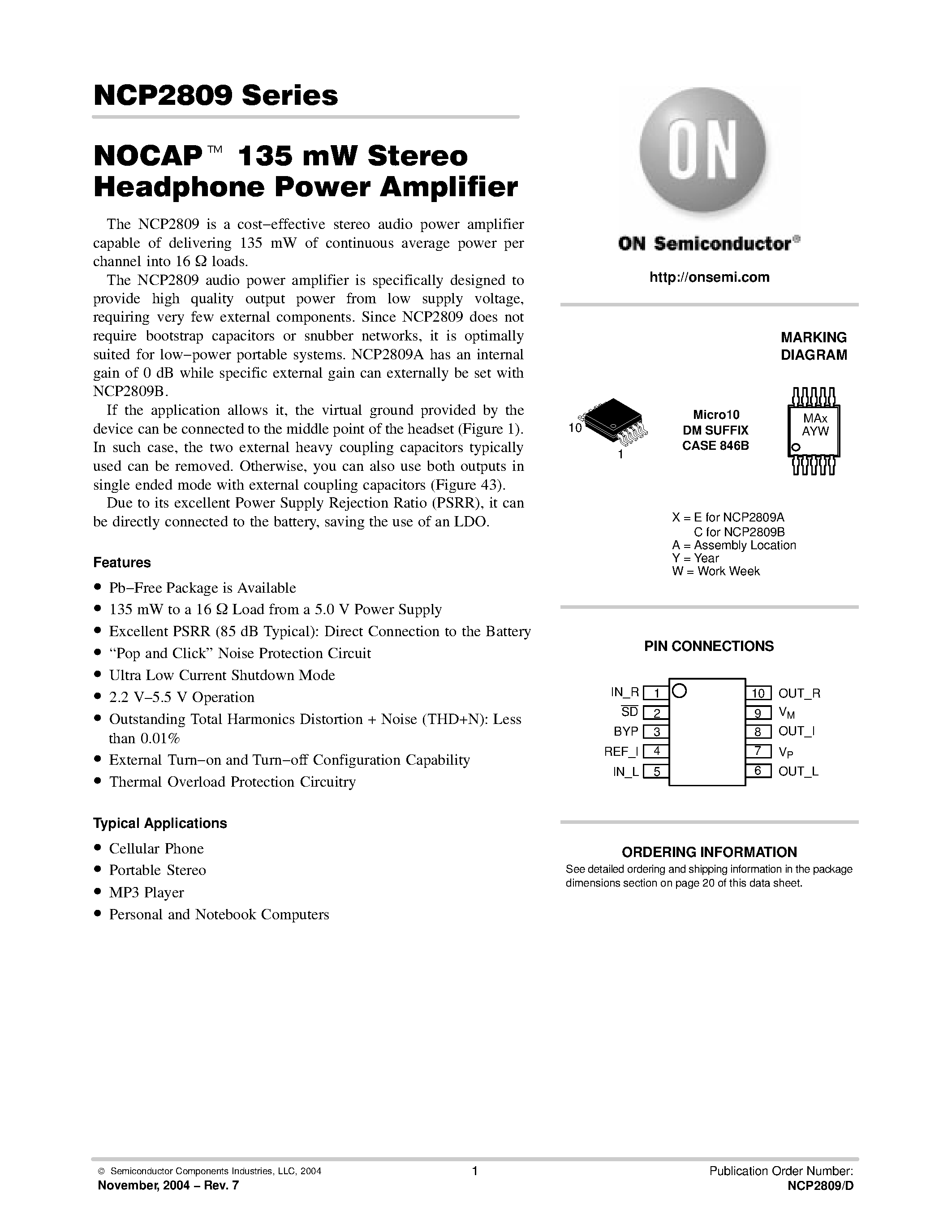 Даташит NCP2809 - NOCAP 135 mW Stereo Headphone Power Amplifier страница 1