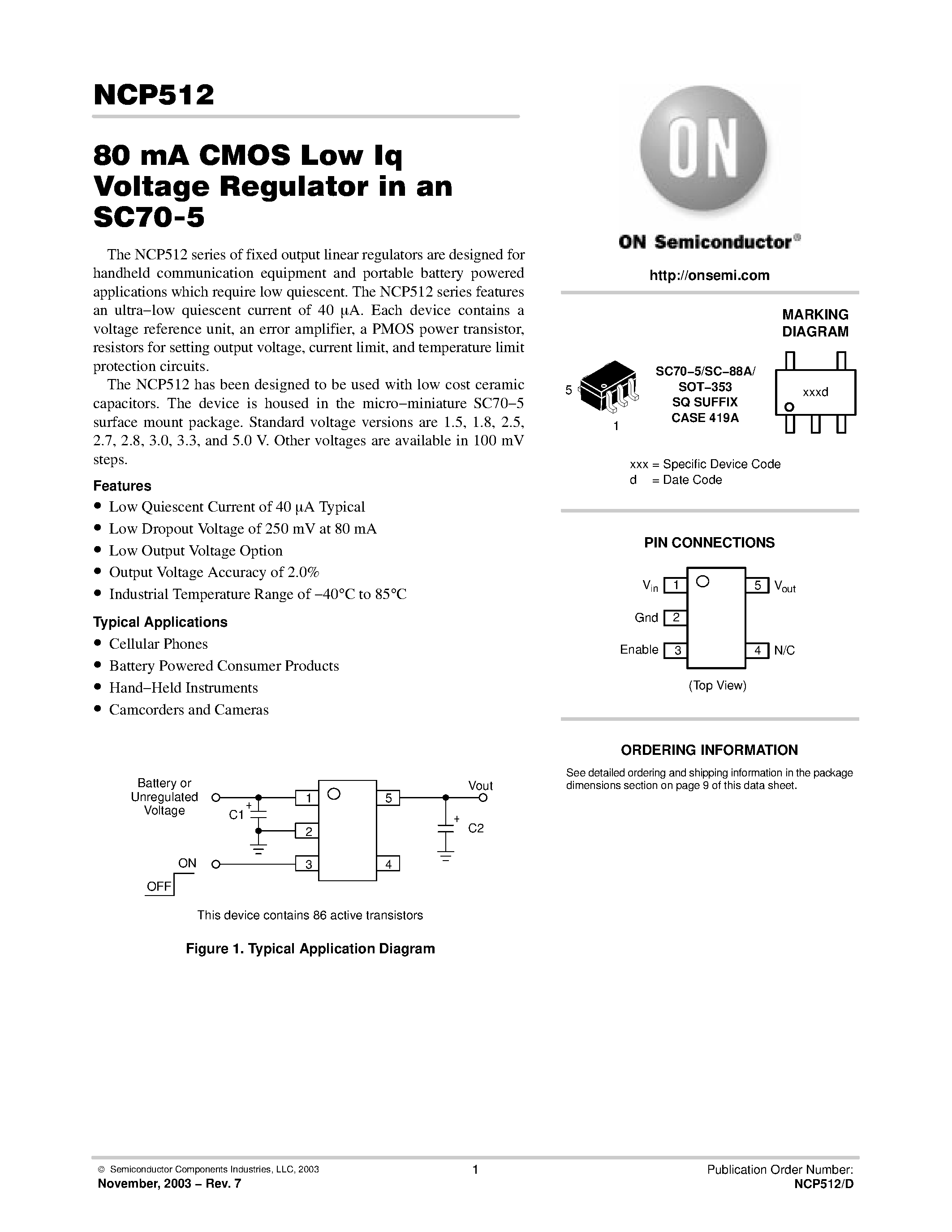 Datasheet NCP512 - 80 mA CMOS Low Iq Voltage Regulator in an SC70-5 page 1