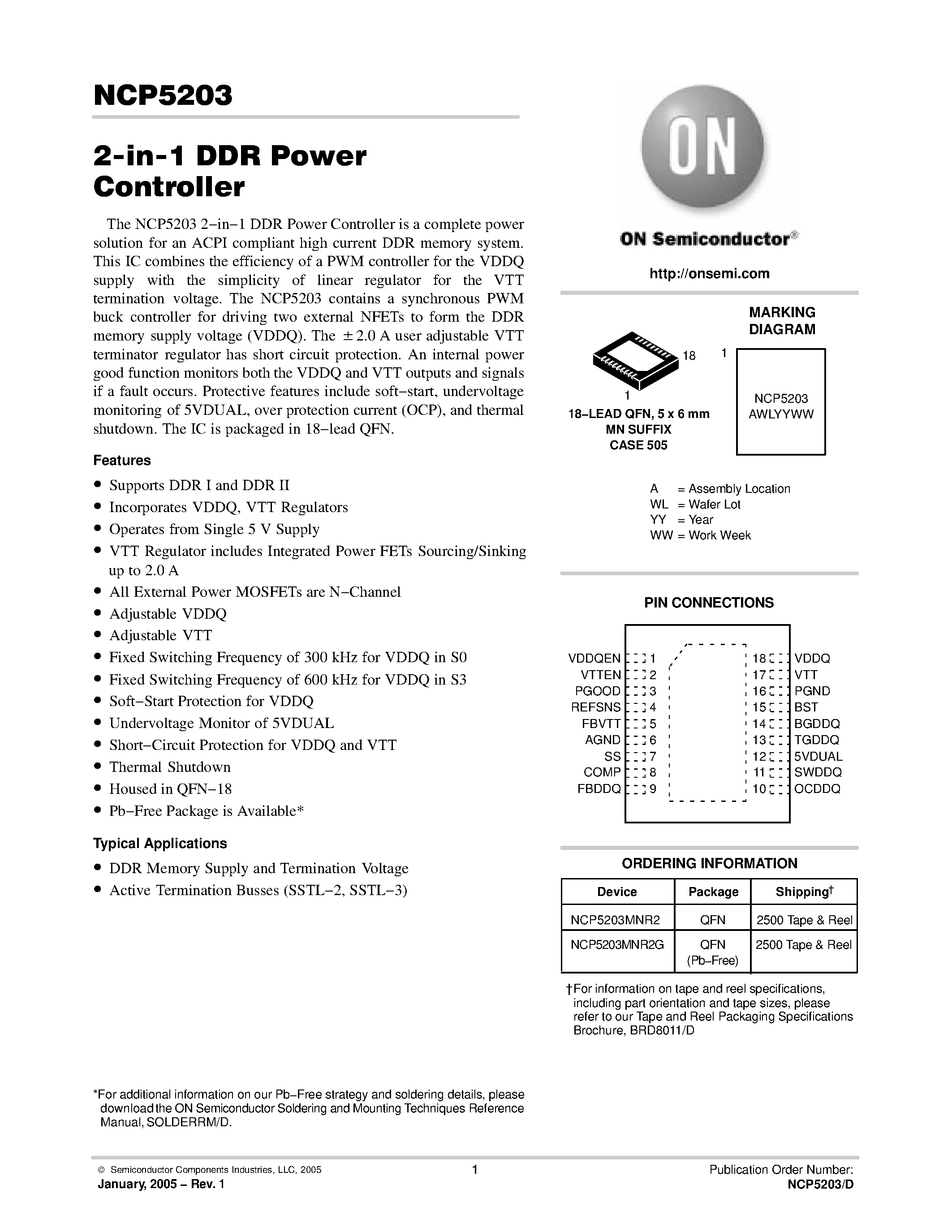 Datasheet NCP5203MNR2G - 2-in-1 DDR Power Controller page 1