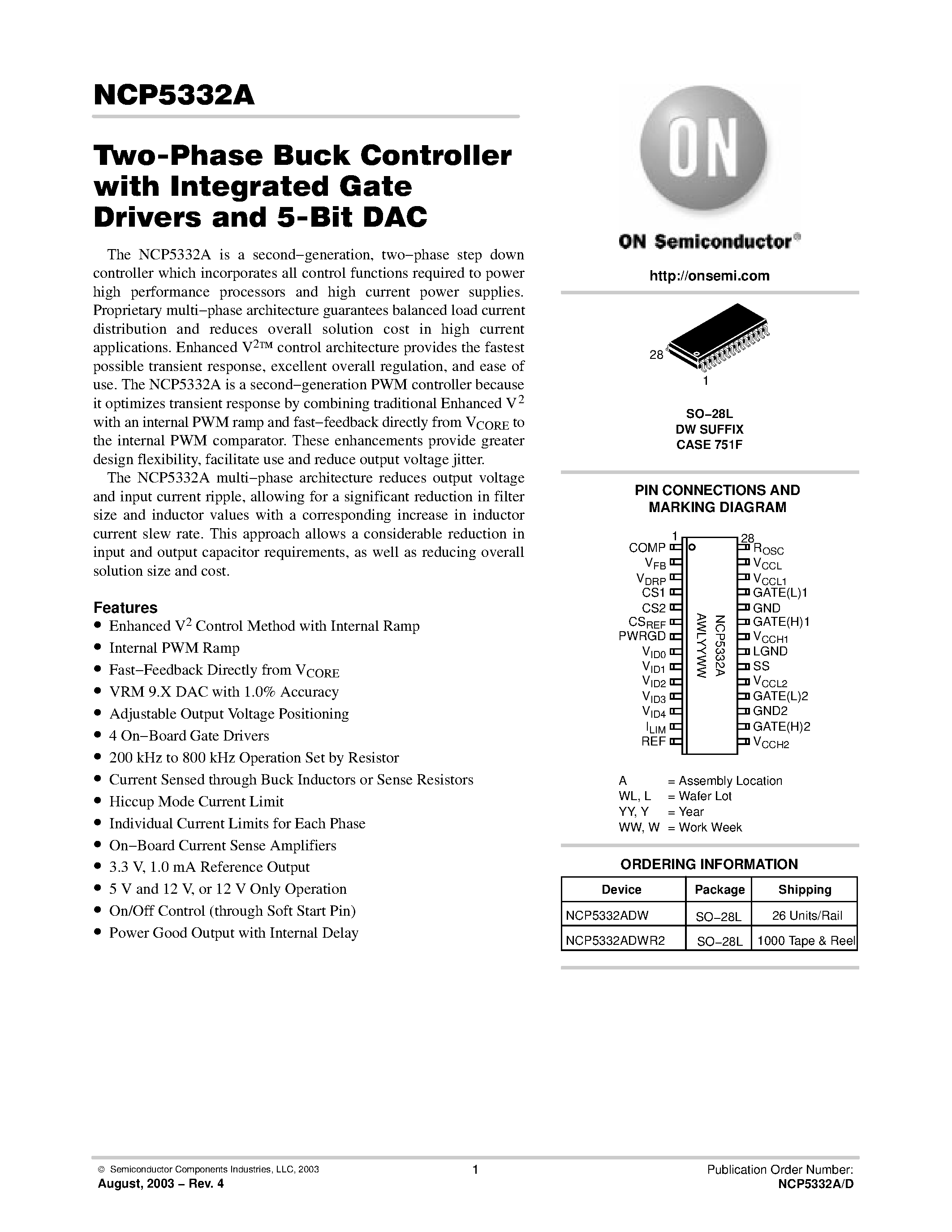 Datasheet NCP5332A - Two-Phase Buck Controller with Integrated Gate Drivers and 5-Bit DAC page 1