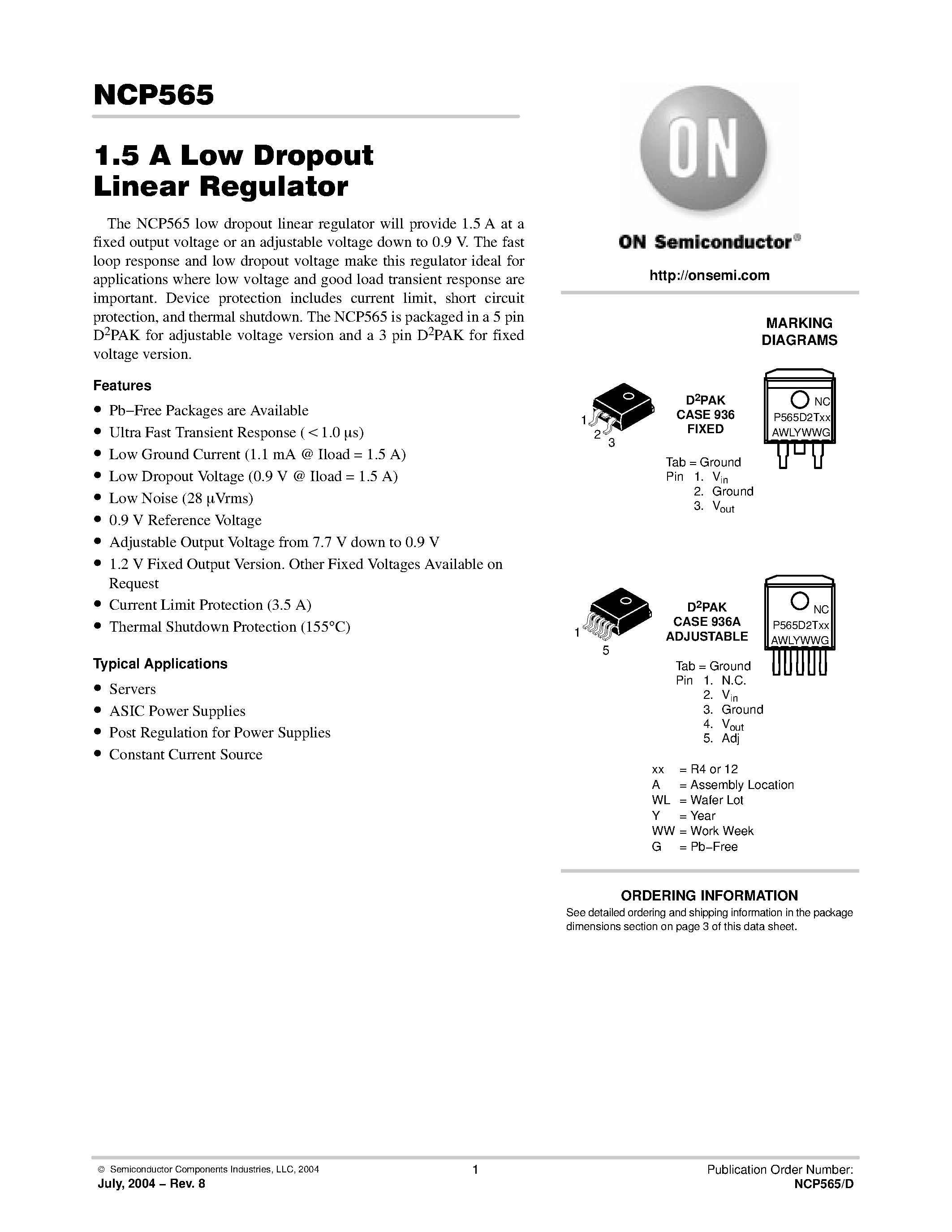 Datasheet NCP565 - 1.5 A Low Dropout Linear Regulator page 1