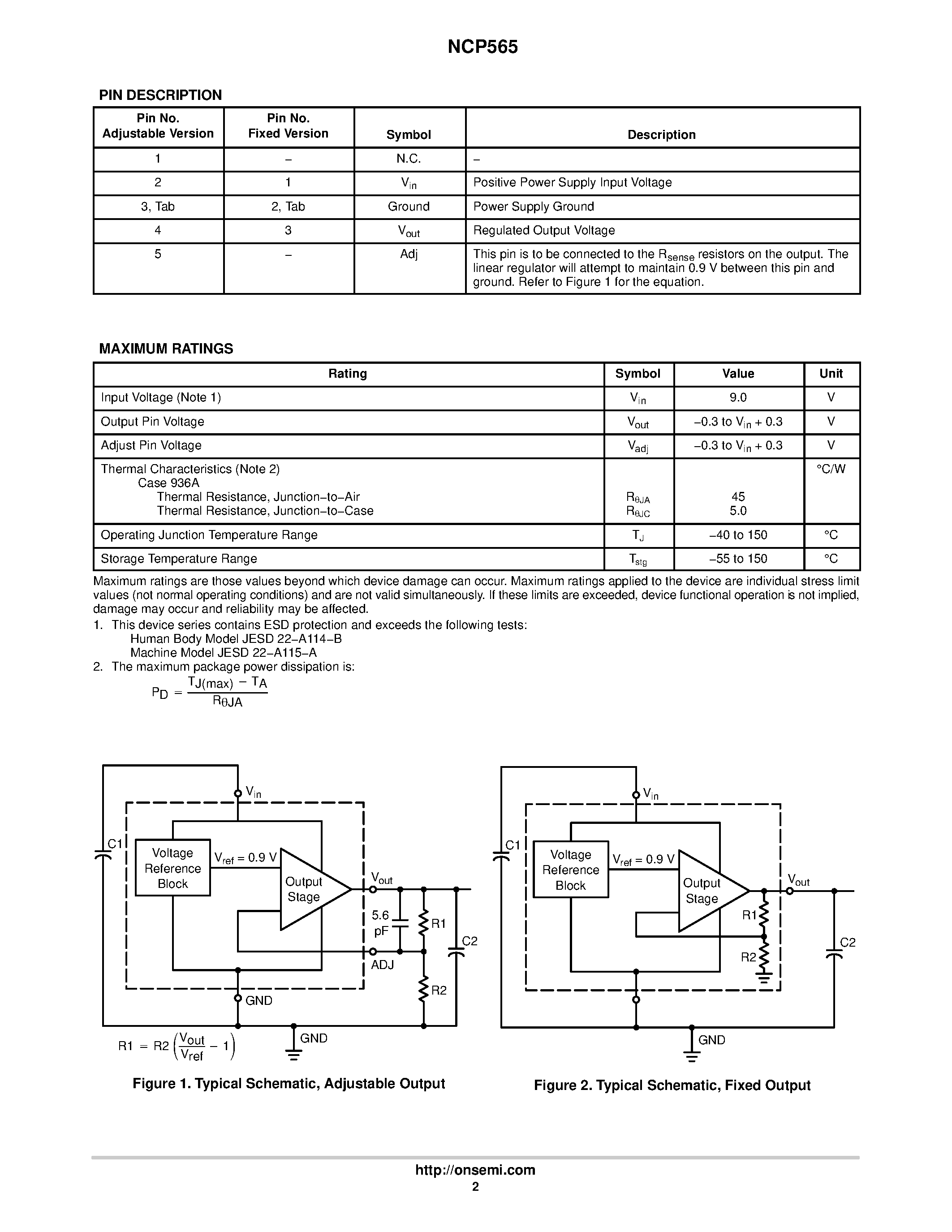 Datasheet NCP565 - 1.5 A Low Dropout Linear Regulator page 2