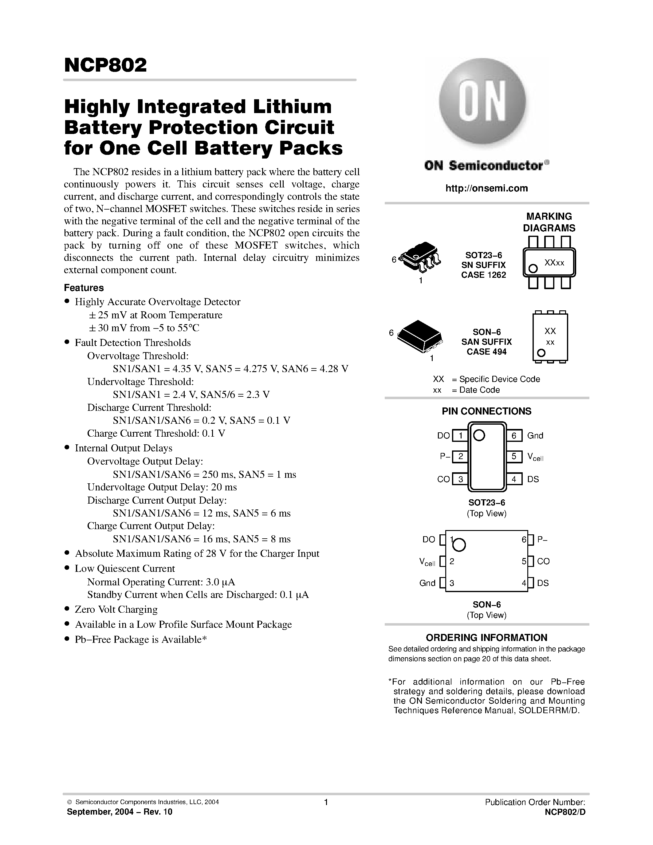 Datasheet NCP802 - Highly Integrated Lithium Battery Protection Circuit for One Cell Battery Packs page 1
