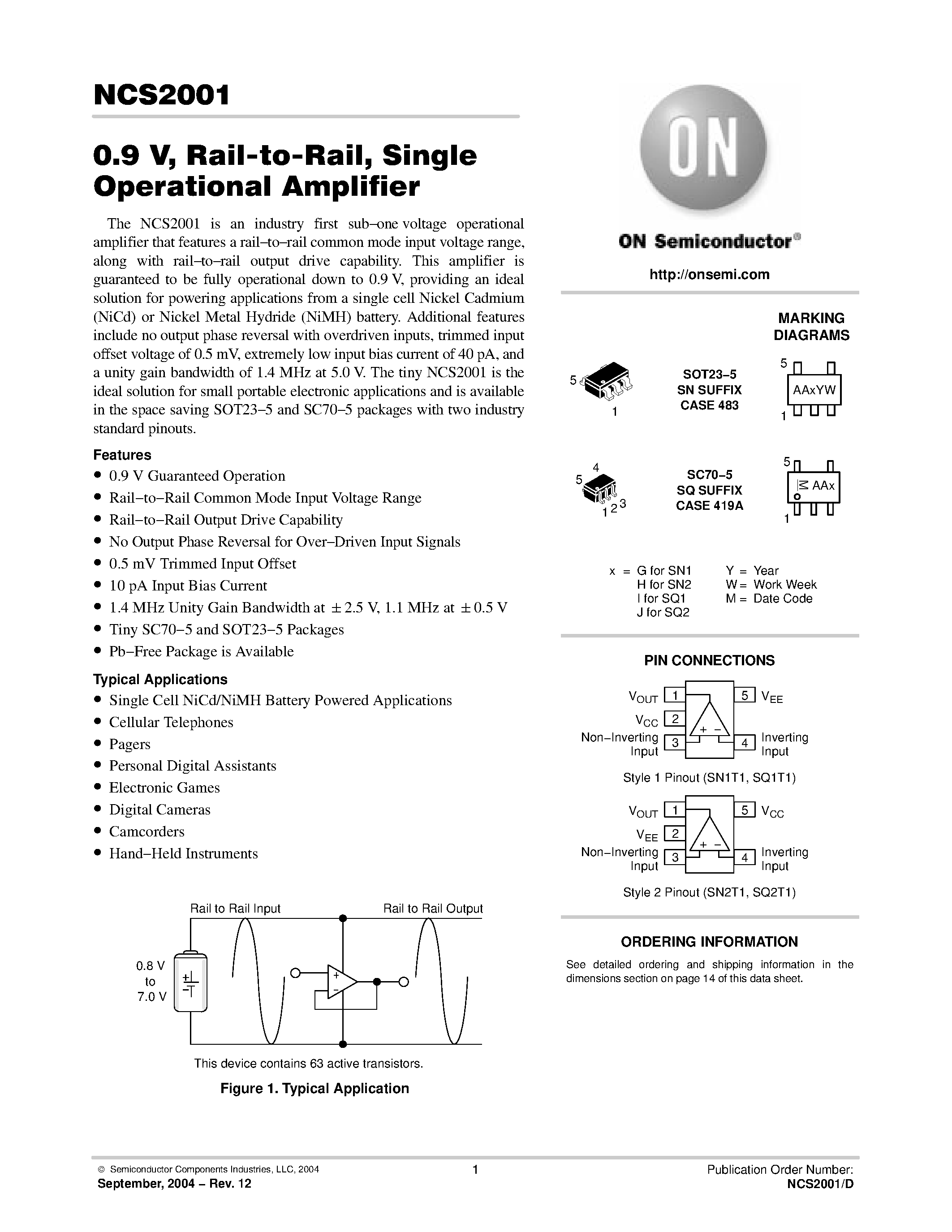Datasheet NCS2001 - 0.9 V / Rail-to-Rail / Single Operational Amplifier page 1